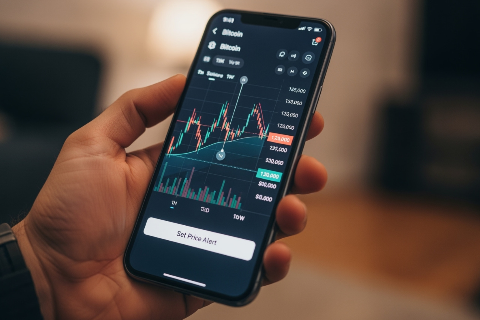 User setting a custom price alert for Bitcoin on a smartphone -  fintechzoom.com crypto