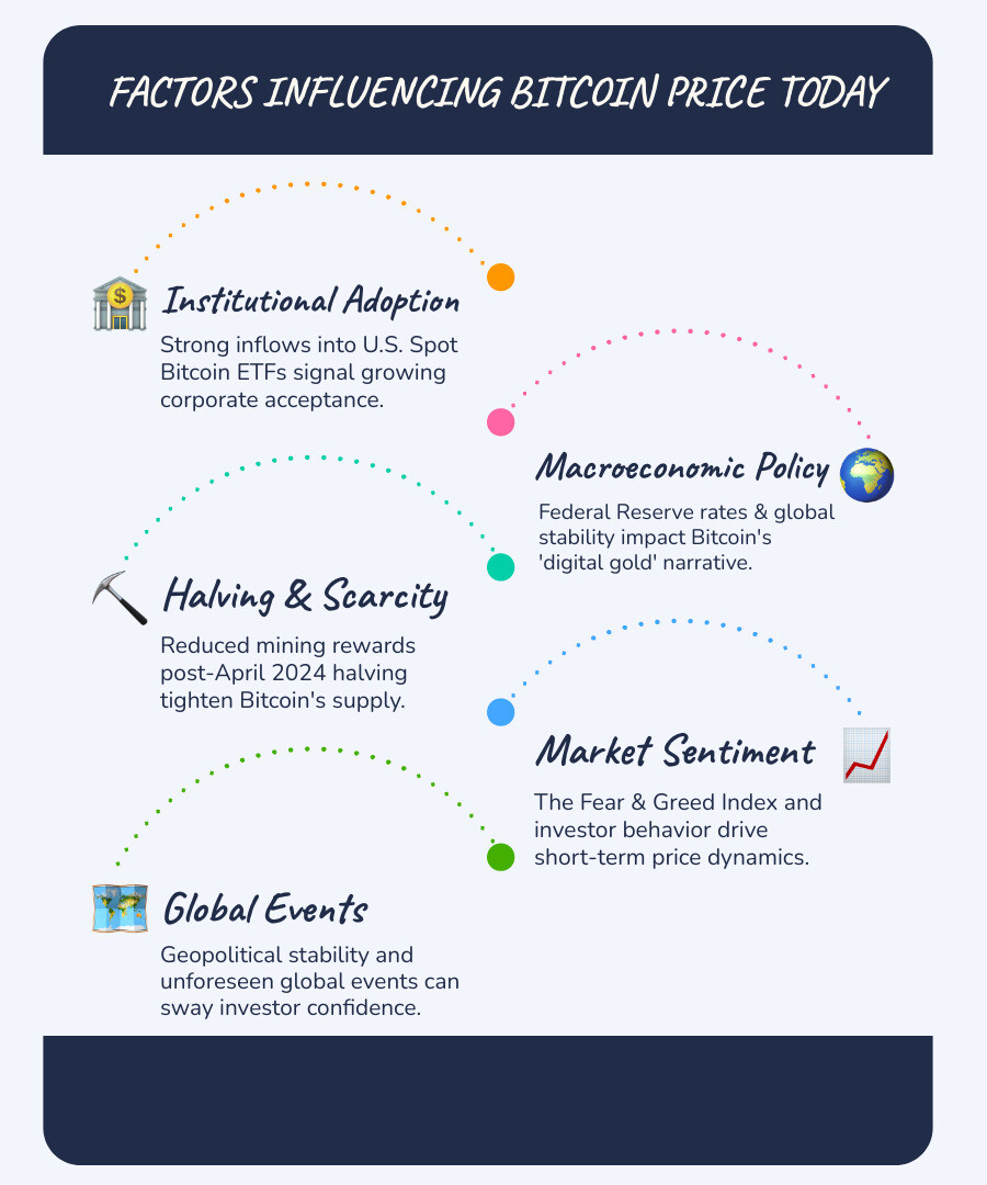 Infographic showing Bitcoin price factors including institutional adoption, ETF inflows, Federal Reserve policy, halving events, market sentiment indicators, and global economic conditions affecting today's BTC valuation - fintechzoom.com bitcoin price today infographic infographic-line-5-steps-blues-accent_colors Infographic showing Bitcoin price factors including institutional adoption, ETF inflows, Federal Reserve policy, halving events, market sentiment indicators, and global economic conditions affecting today's BTC valuation - fintechzoom.com bitcoin price today infographic infographic-line-5-steps-blues-accent_colors