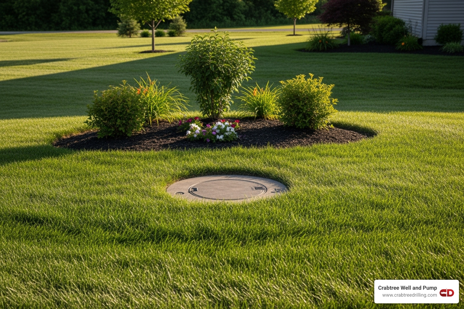 finished, discreet wellhead in a landscaped residential yard - well drilling service finished, discreet wellhead in a landscaped residential yard - well drilling service