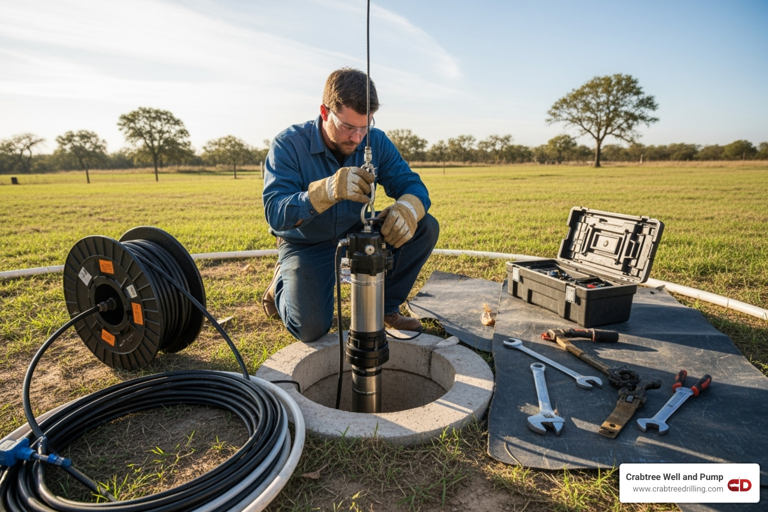 technician installing a submersible well pump - well drilling service technician installing a submersible well pump - well drilling service