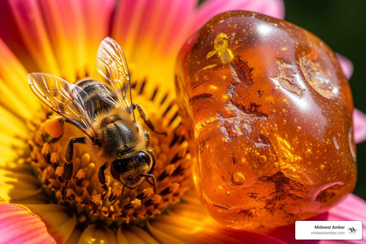 a bee on a flower next to a piece of raw amber - amber bee earring