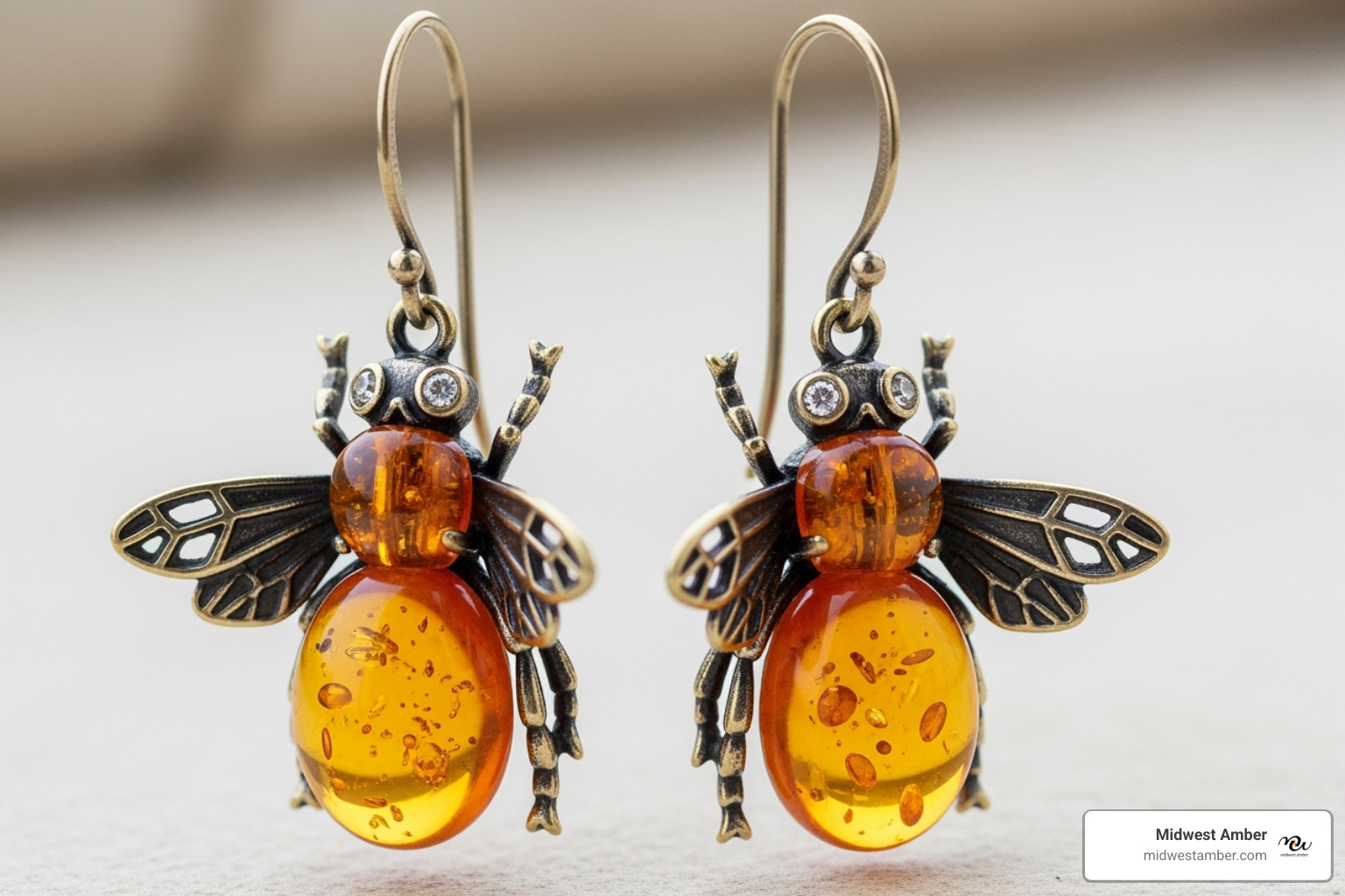 a pair of dangle amber bee earrings - amber bee earring