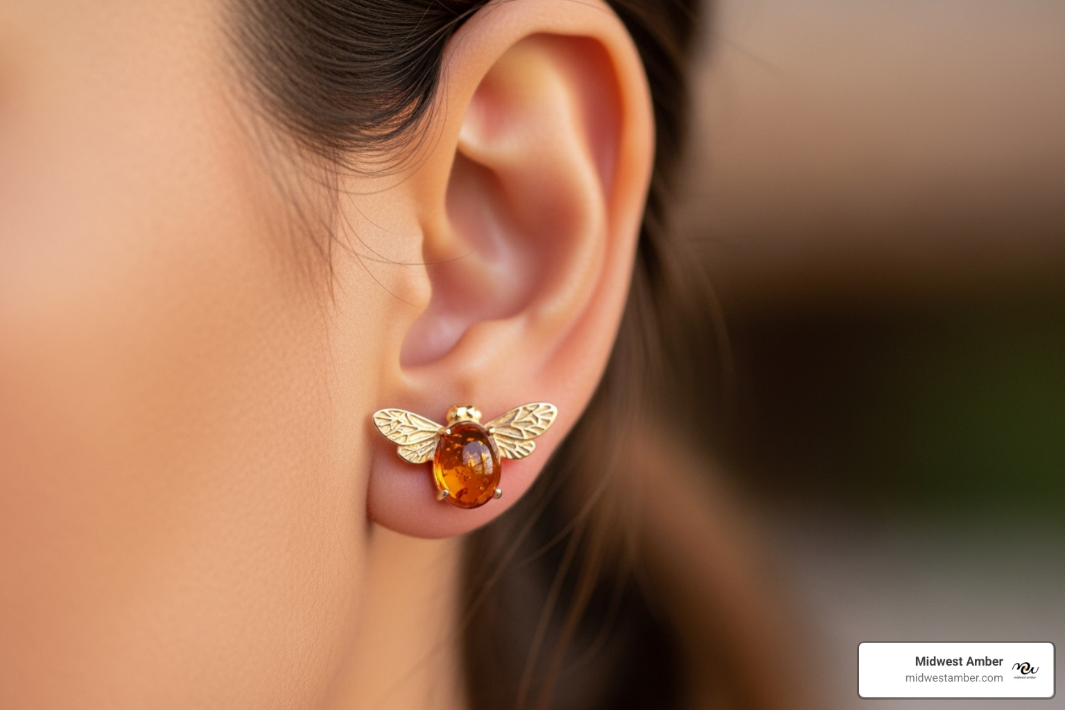 a model wearing stud amber bee earrings - amber bee earring