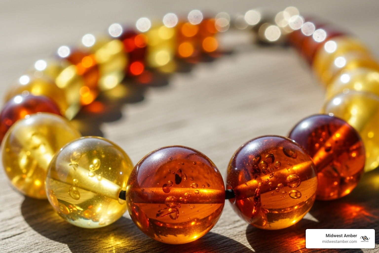 polished Baltic amber necklace in natural light - buy teething necklace