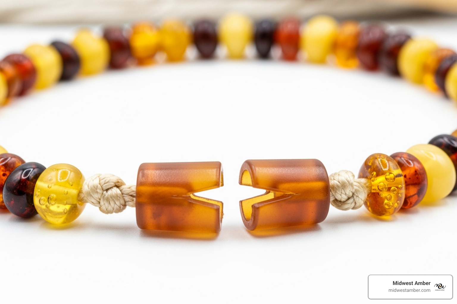 safety features of a Baltic amber teething necklace, like a breakaway clasp and knotted beads - buy teething necklace