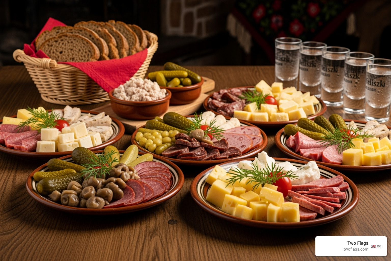 Traditional Polish "zagryzki" spread with chilled vodka shots - What is Polish vodka?