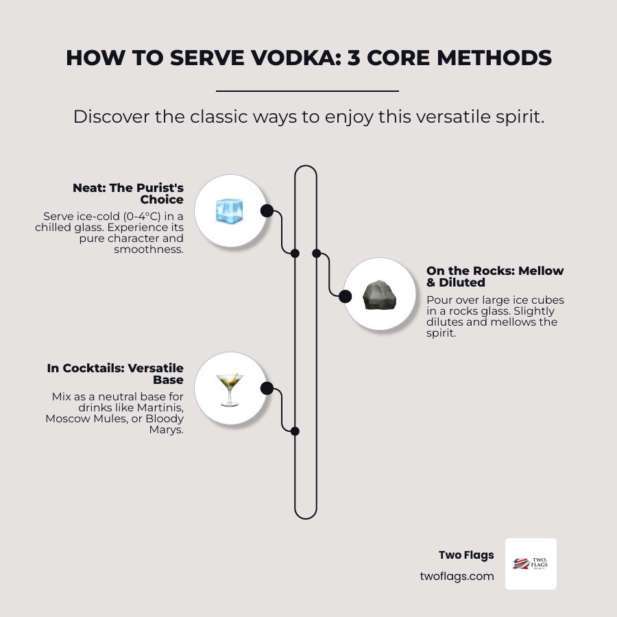 Infographic showing three ways to serve vodka: a shot glass labeled "Neat - Straight from freezer", a rocks glass with ice labeled "On the Rocks - Over large ice cubes", and a martini glass labeled "In Cocktails - Mixed with other ingredients" - How to serve vodka? infographic infographic-line-3-steps-neat_beige