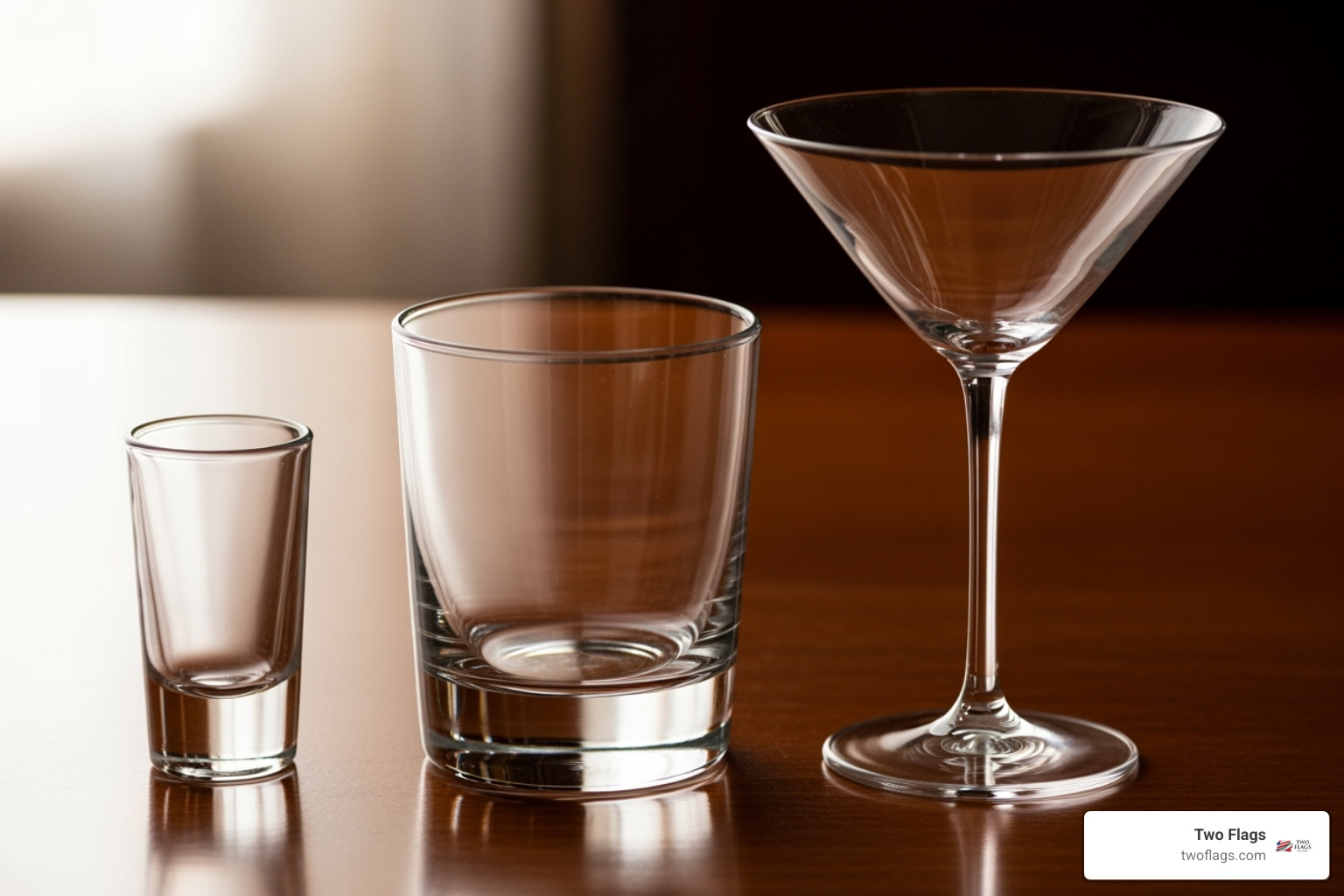 different types of vodka glassware: a shot glass, a rocks glass, and a martini glass - How to serve vodka?