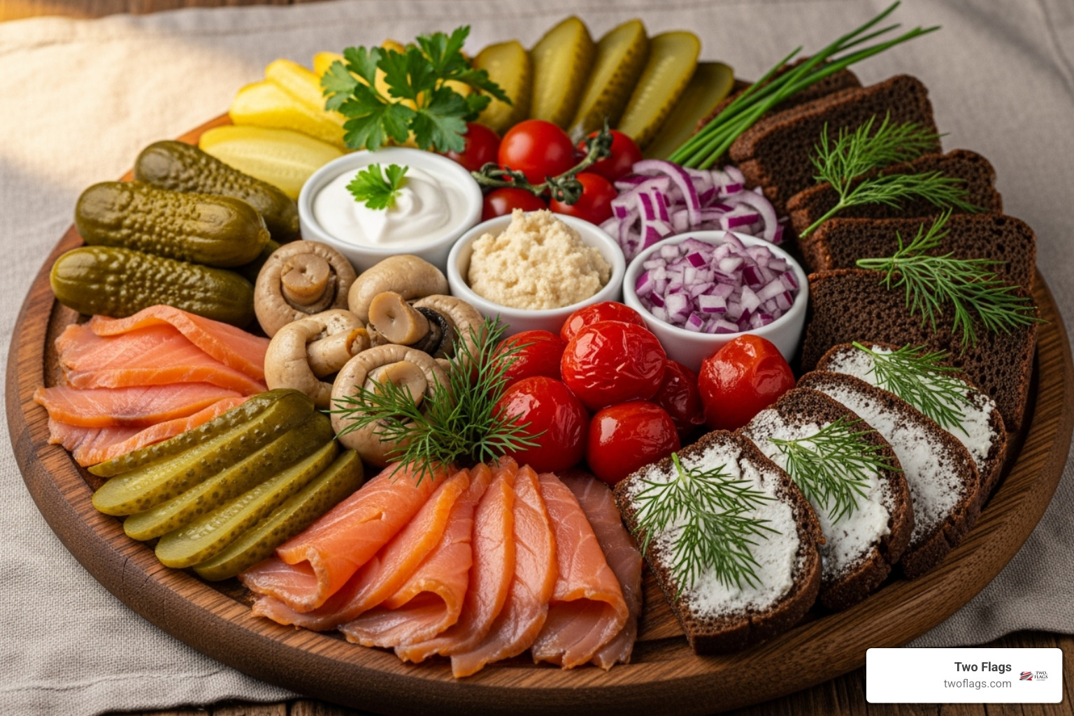 platter with zakuski like pickles, smoked salmon, and black bread - How to serve vodka?