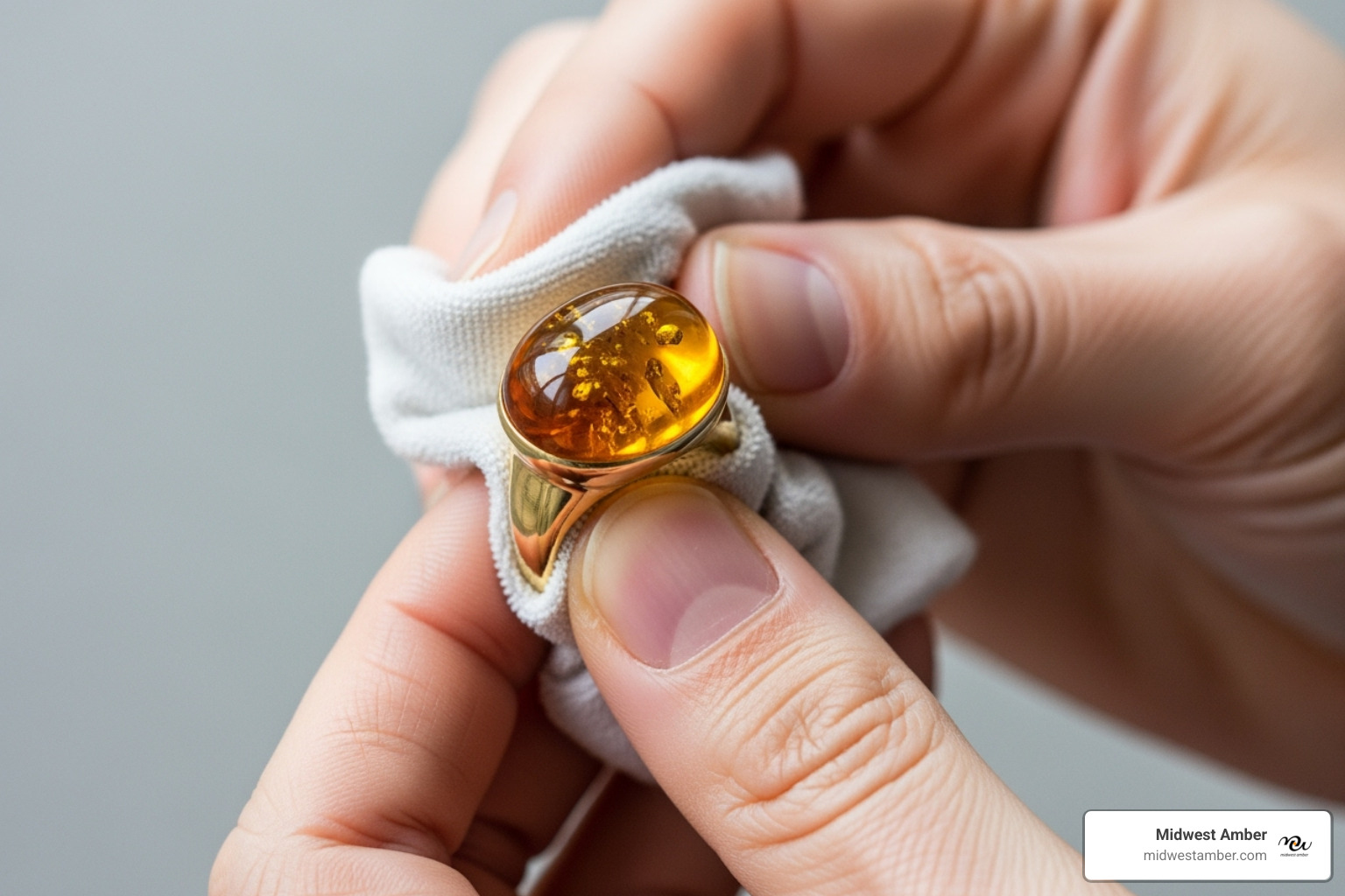 person gently cleaning an amber ring - amber ring meaning