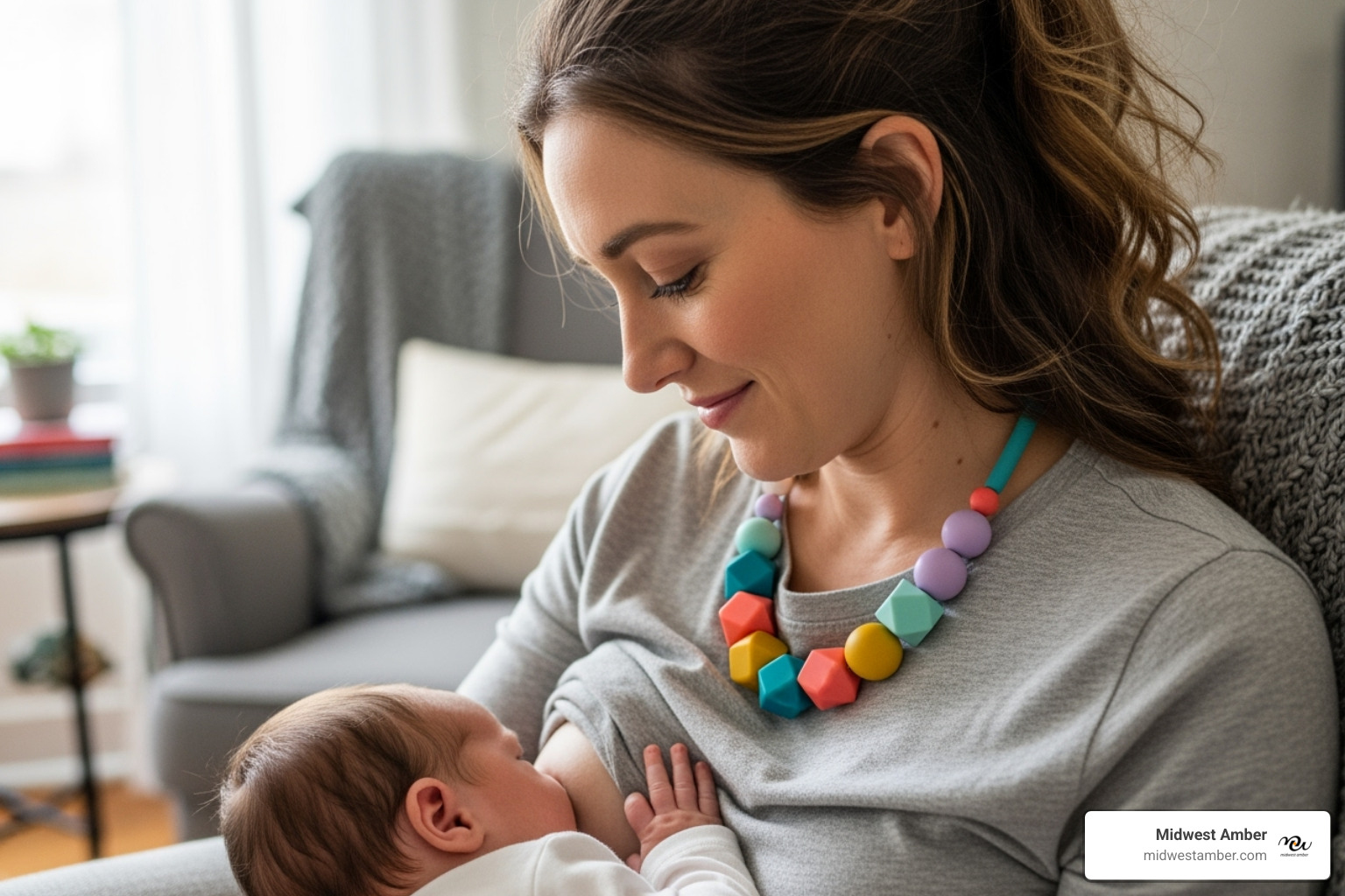 mother wearing a colorful silicone necklace while breastfeeding her baby - infant necklace mother wearing a colorful silicone necklace while breastfeeding her baby - infant necklace