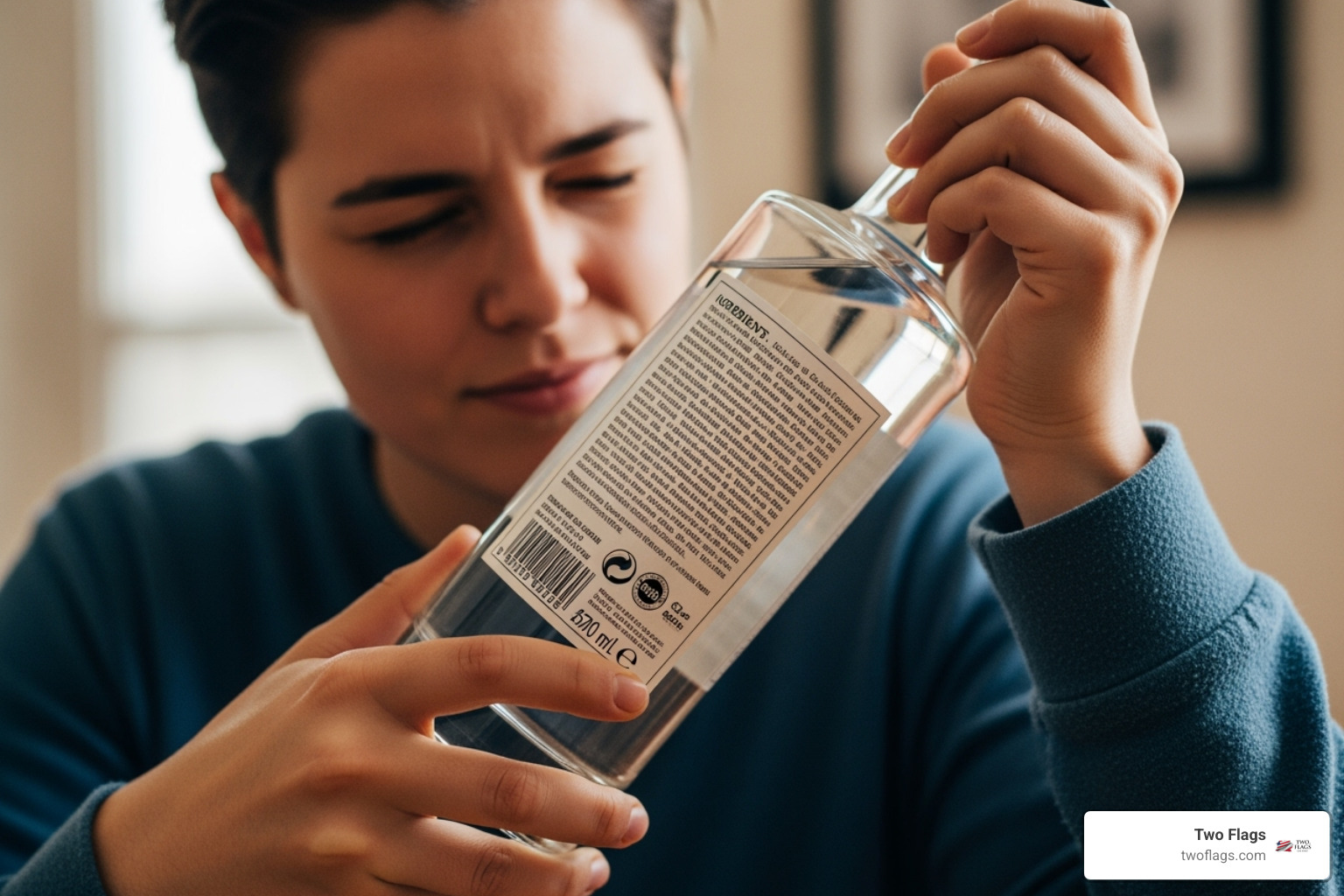 A person carefully reading the label on a bottle of vodka, with a focus on ingredient lists and certifications - is vodka gluten free