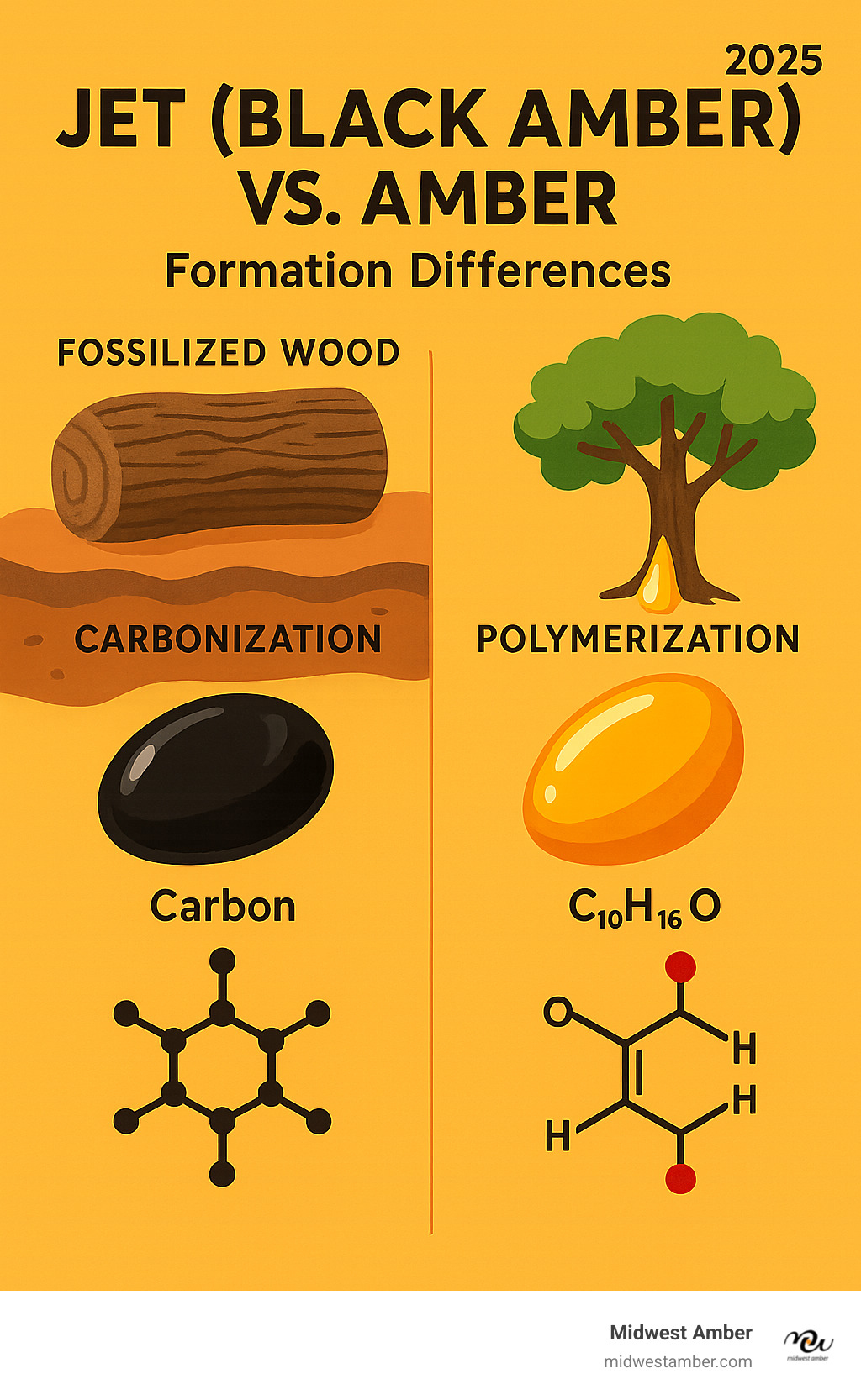 Infographic showing the formation differences between jet (black amber) from fossilized wood through carbonization in sedimentary deposits versus traditional amber from tree resin through polymerization, with visual representations of their distinct origins and molecular structures - black amber stone infographic 