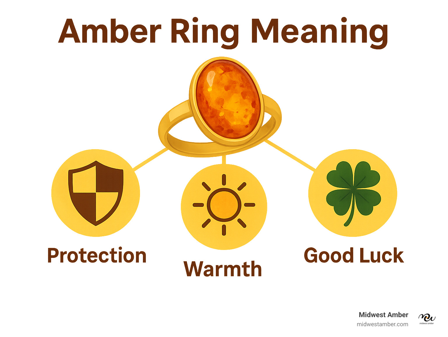 Infographic showing the three primary meanings of amber rings: a shield symbol representing Protection and warding off negative energy, a sun symbol representing Warmth and life-giving solar energy, and a four-leaf clover representing Good Luck and positive fortune, with amber's golden color connecting all three meanings - amber ring meaning infographic 