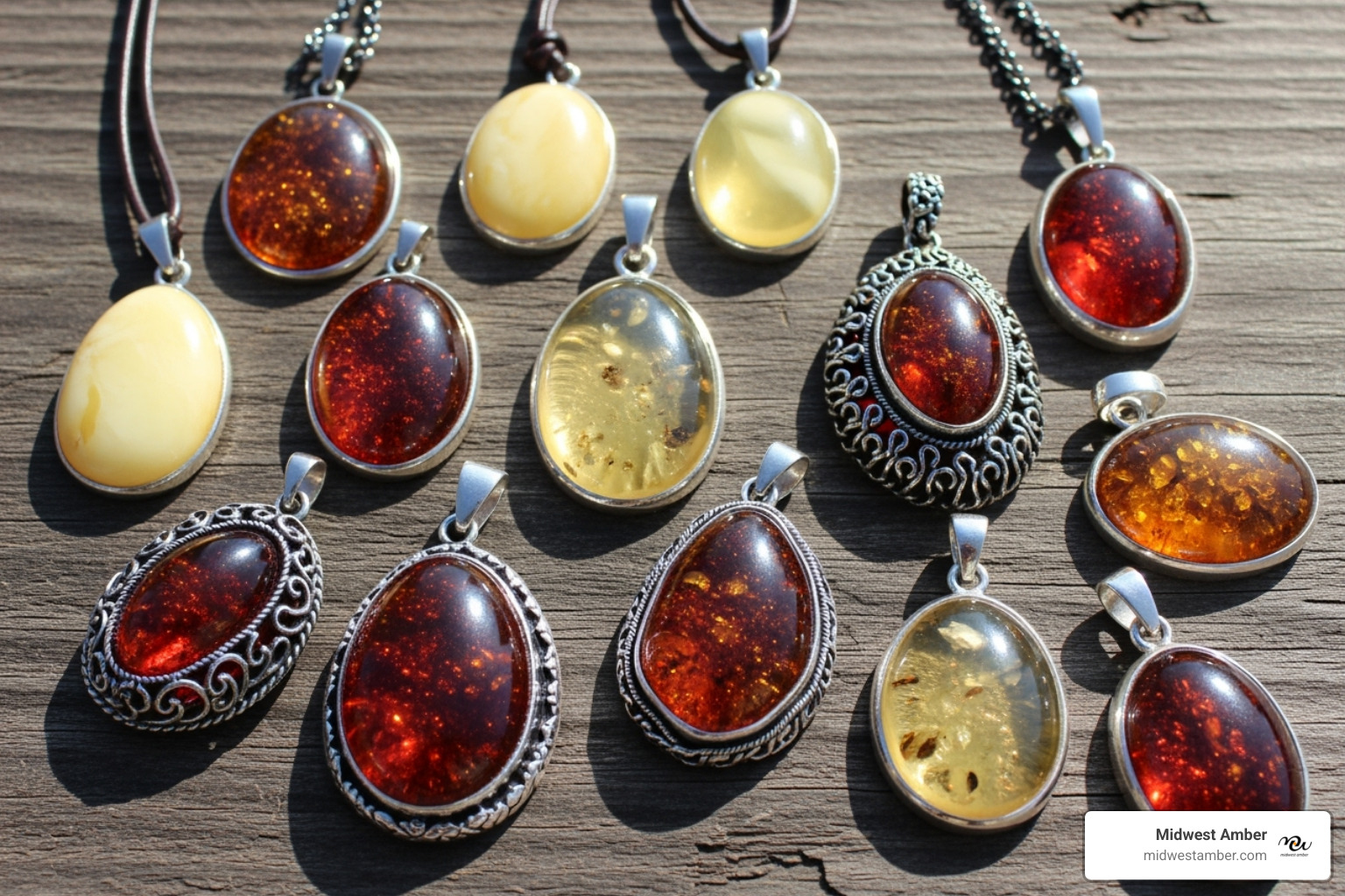 collection of different styles of men's amber pendants on a wooden surface - mens amber pendant