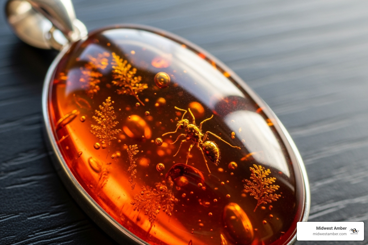 close-up of a cognac amber pendant showing natural inclusions - mens amber pendant