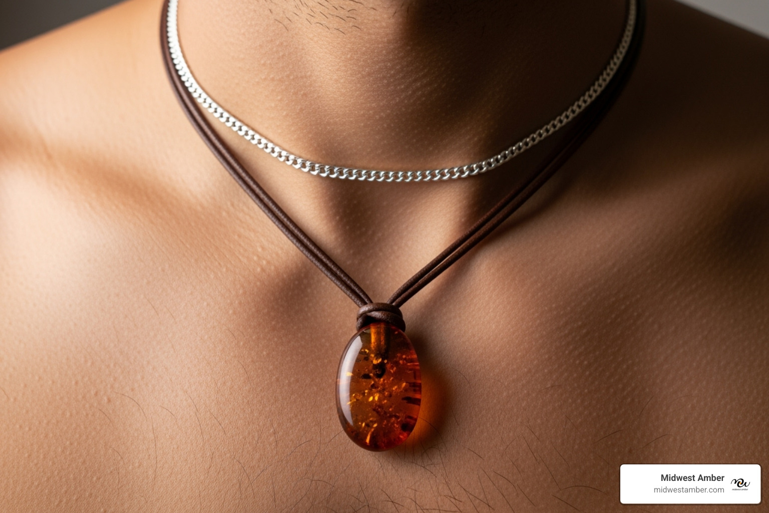 man layering a simple amber pendant with a silver chain - mens amber pendant