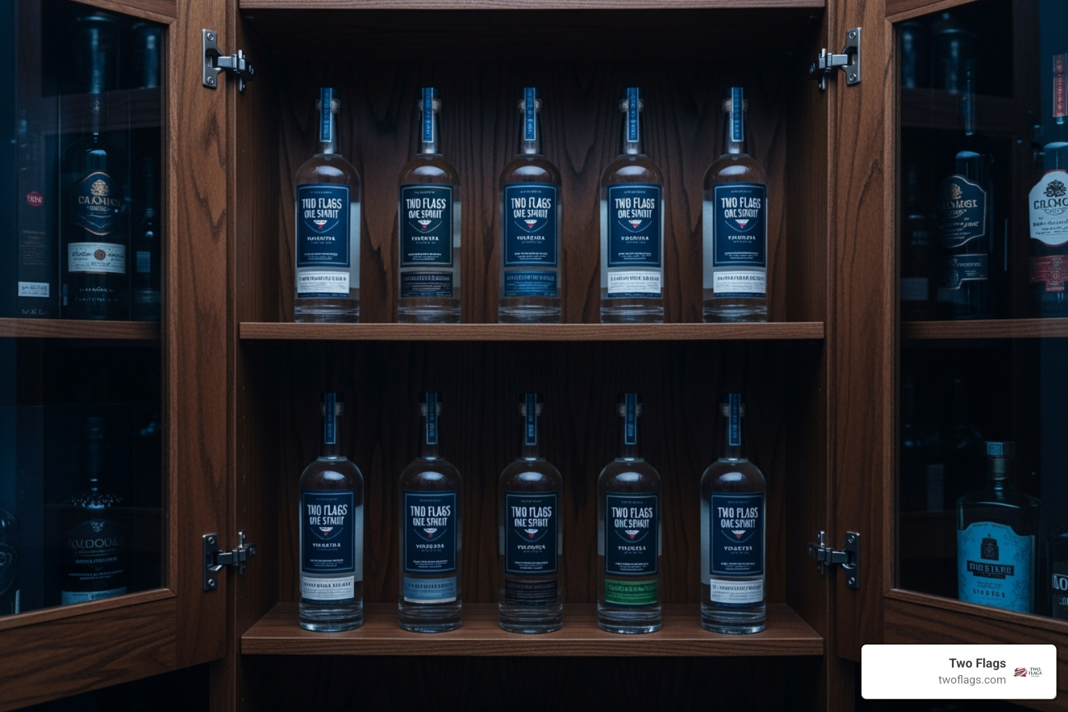 A neatly organized home bar cabinet with bottles of Two Flags One Spirit vodka, suggesting a cool, dark, and ideal storage environment - does vodka expire