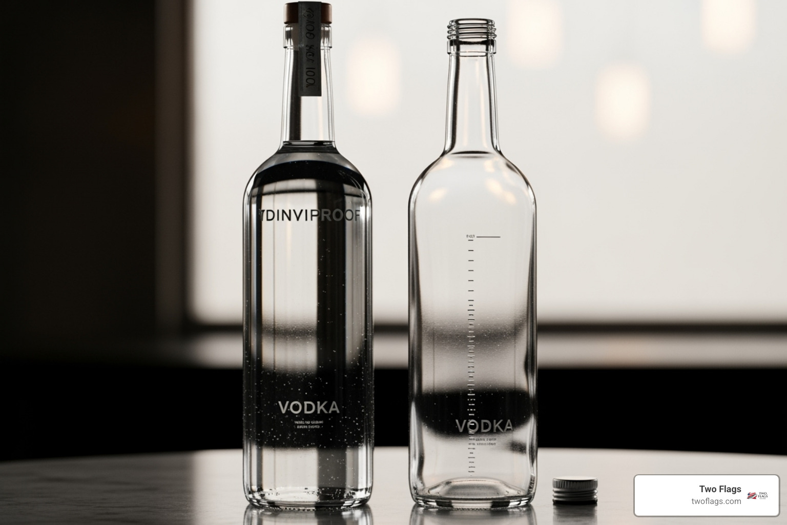 A sealed Two Flags One Spirit vodka bottle stands next to a half-empty, opened bottle, illustrating the difference in their states of preservation - does vodka expire