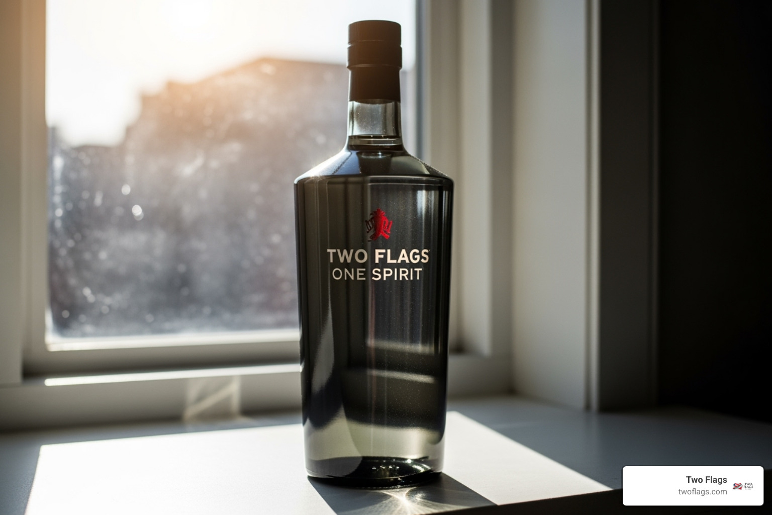 A bottle of Two Flags One Spirit vodka is incorrectly stored on a sunlit windowsill, highlighting the detrimental effects of direct sunlight on spirit quality - does vodka expire