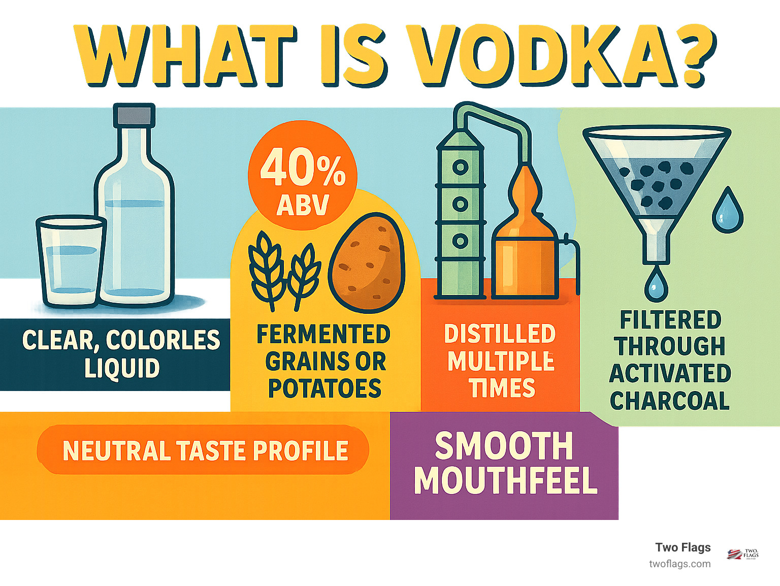 Comprehensive infographic showing vodka characteristics: clear colorless liquid at 40% ABV, made from fermented grains or potatoes, distilled multiple times, filtered through activated charcoal for purity, with neutral taste profile and smooth mouthfeel - What is vodka? infographic 
