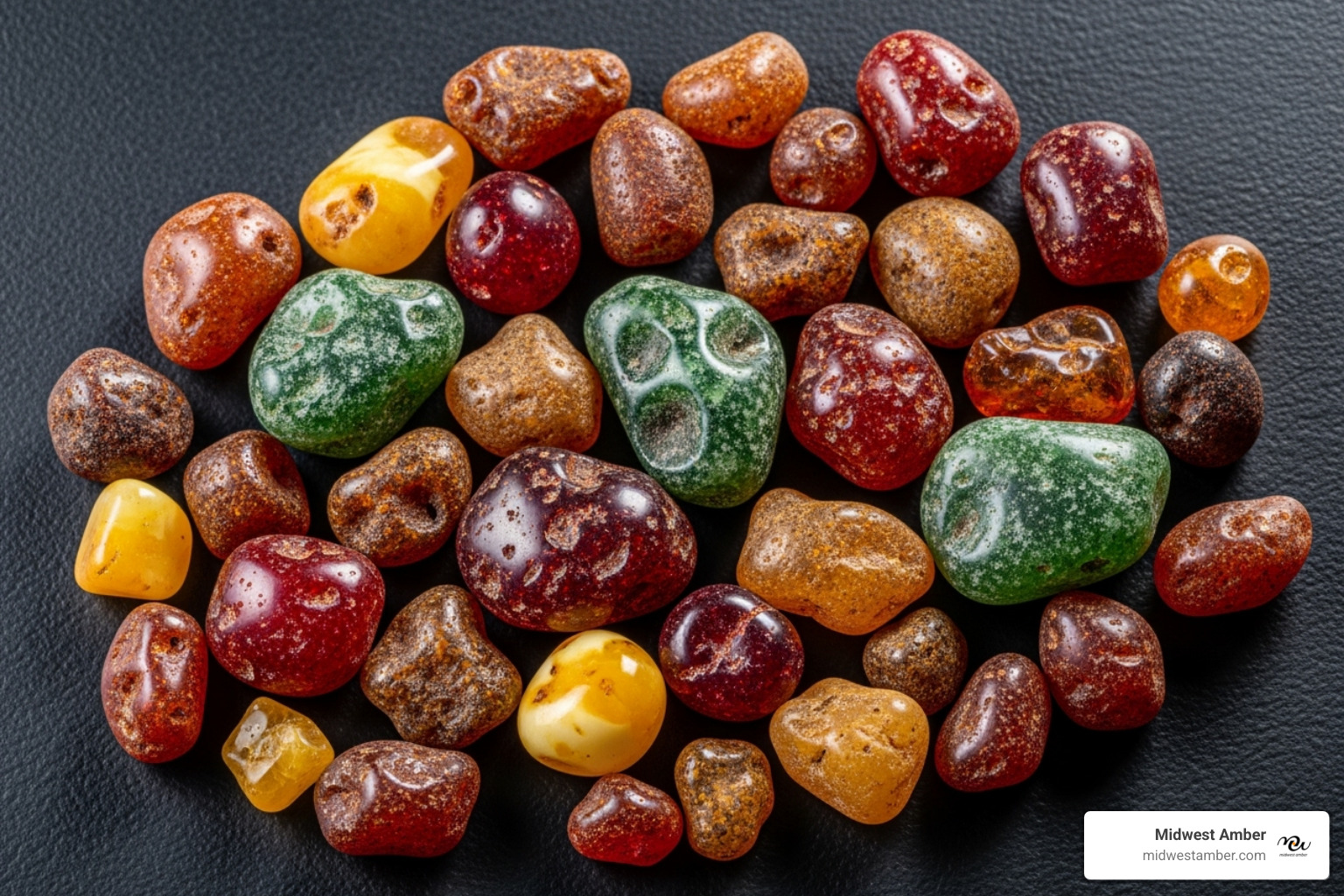 Image of different raw amber pieces showing a variety of colors like honey, cherry, and rare green. - mens amber ring