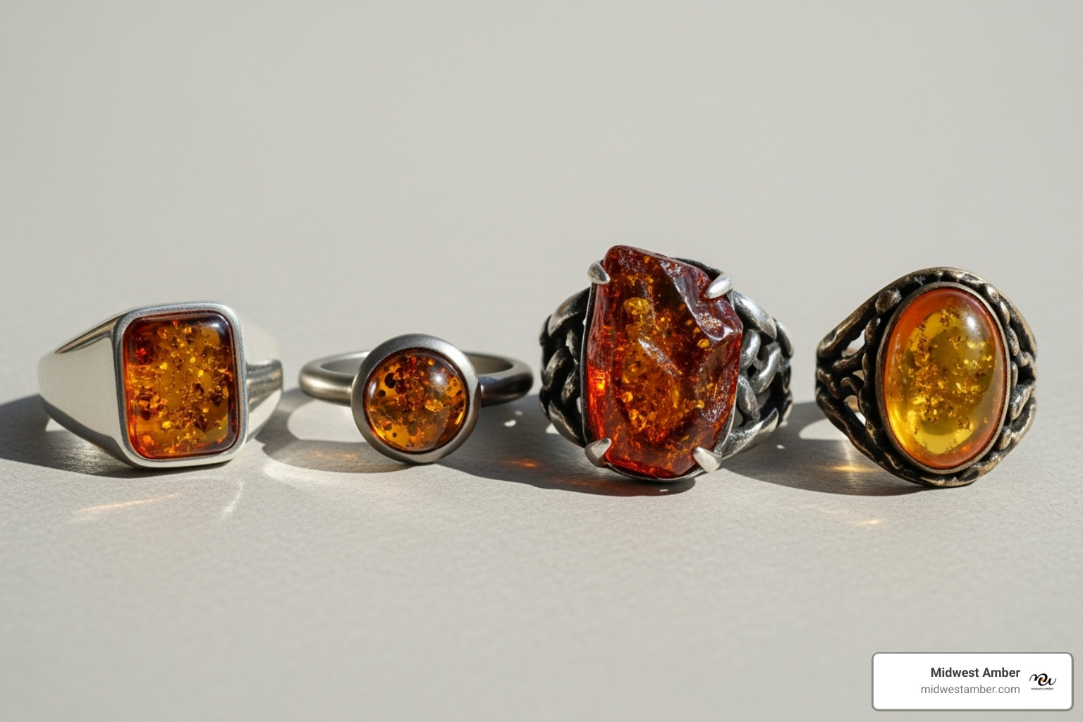 Image of four different men's amber rings side-by-side: a signet, a minimalist band, a chunky statement ring, and a rustic design. - mens amber ring