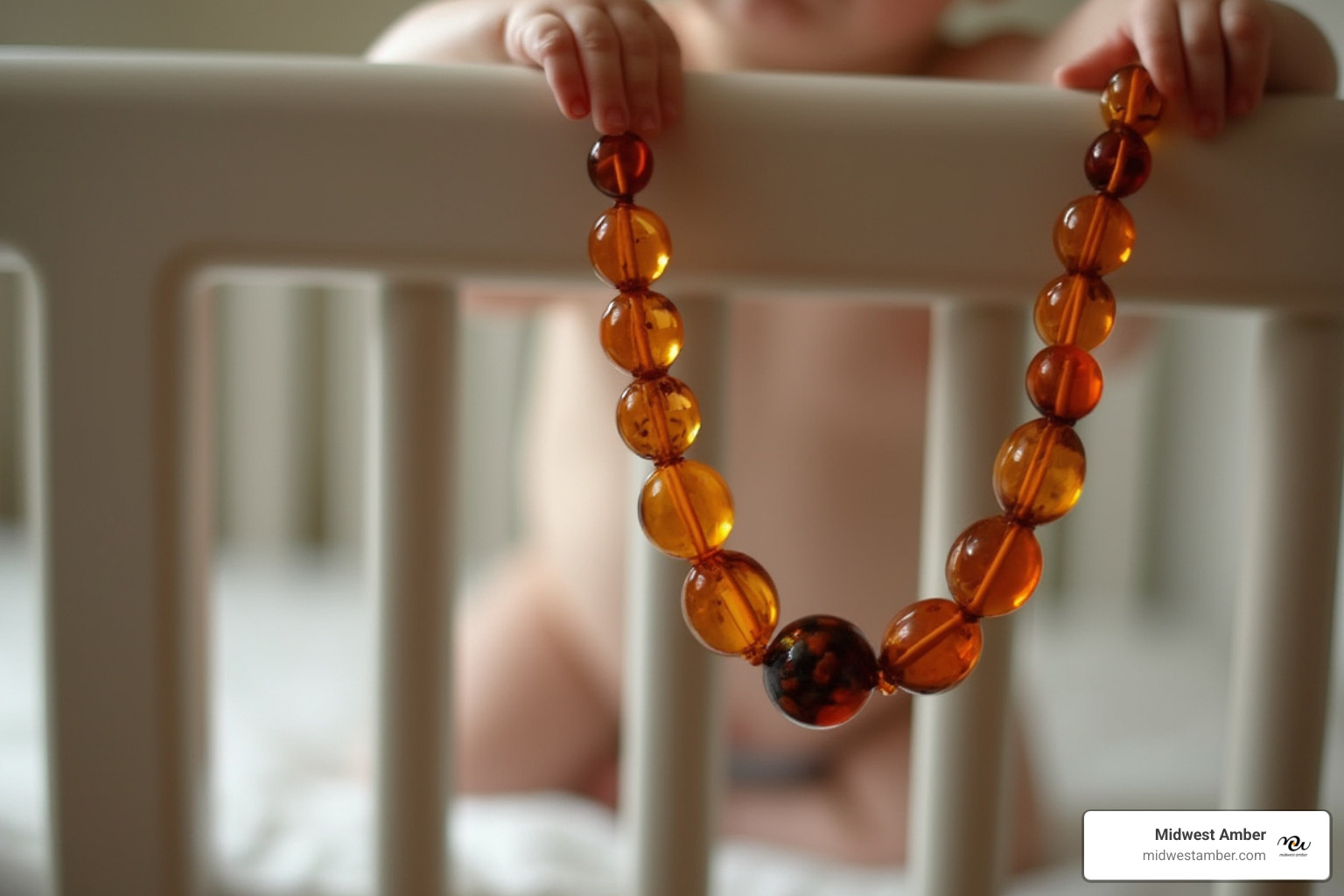 illustrating the risk of a necklace getting caught - infant amber teething necklace