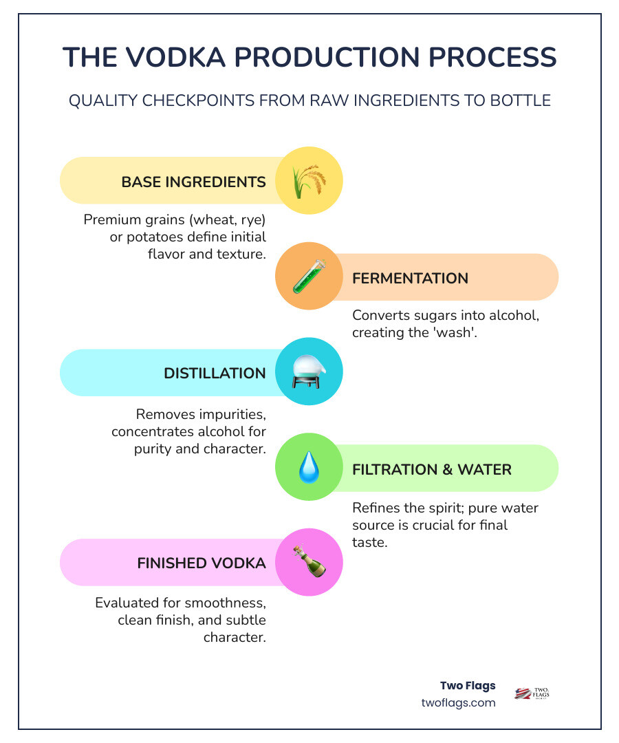 Infographic showing the vodka production process from raw ingredients through fermentation, distillation, filtration, and bottling, highlighting quality checkpoints at each stage - What is good vodka? infographic infographic-line-5-steps-colors