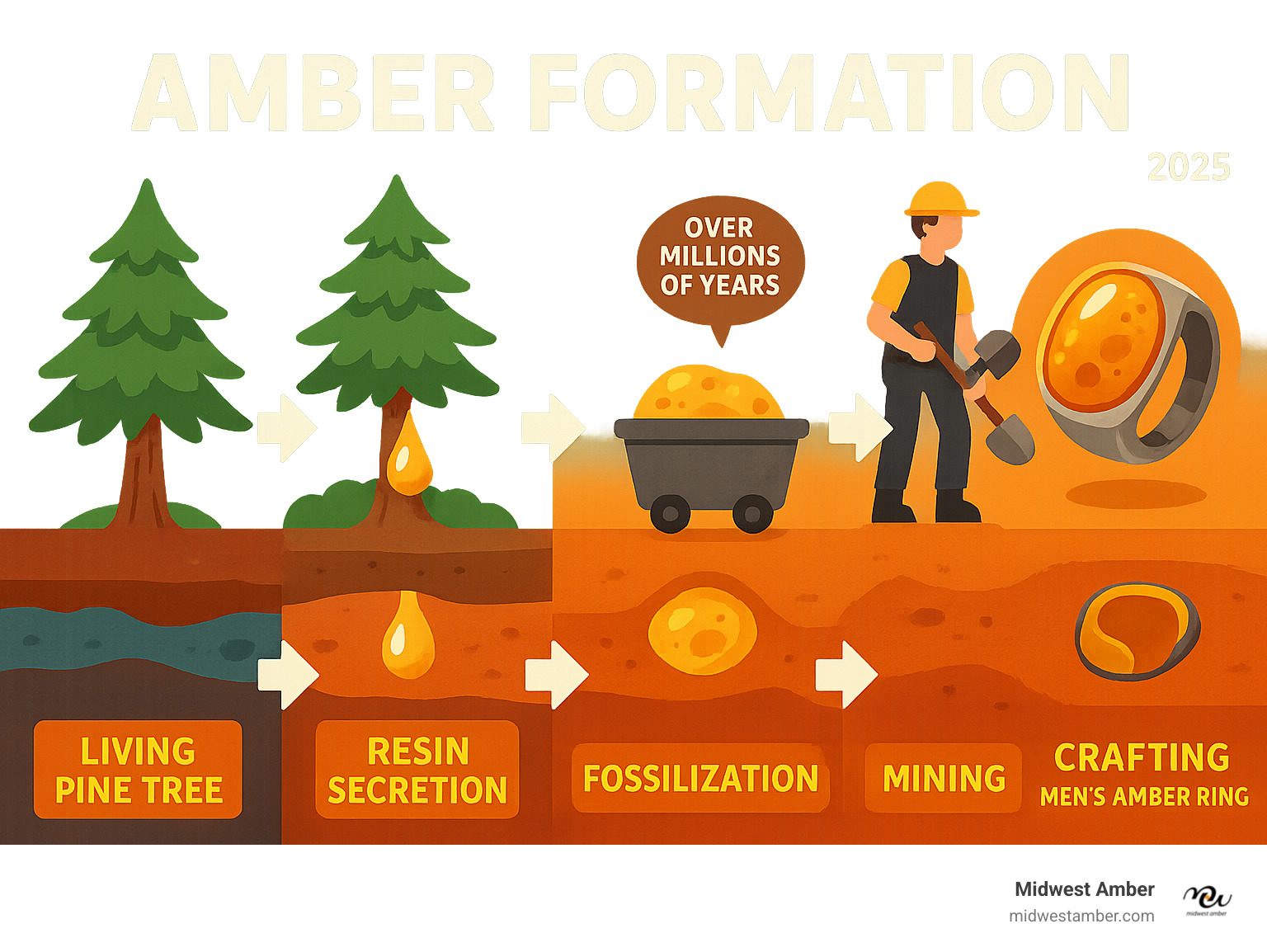 Infographic showing the journey of amber formation from ancient pine trees 45 million years ago through fossilization process to modern jewelry crafting, highlighting key stages: living pine tree, resin secretion, burial and pressure, fossilization over millions of years, mining from Baltic Sea region, and final handcrafted ring creation - mens amber ring infographic 
