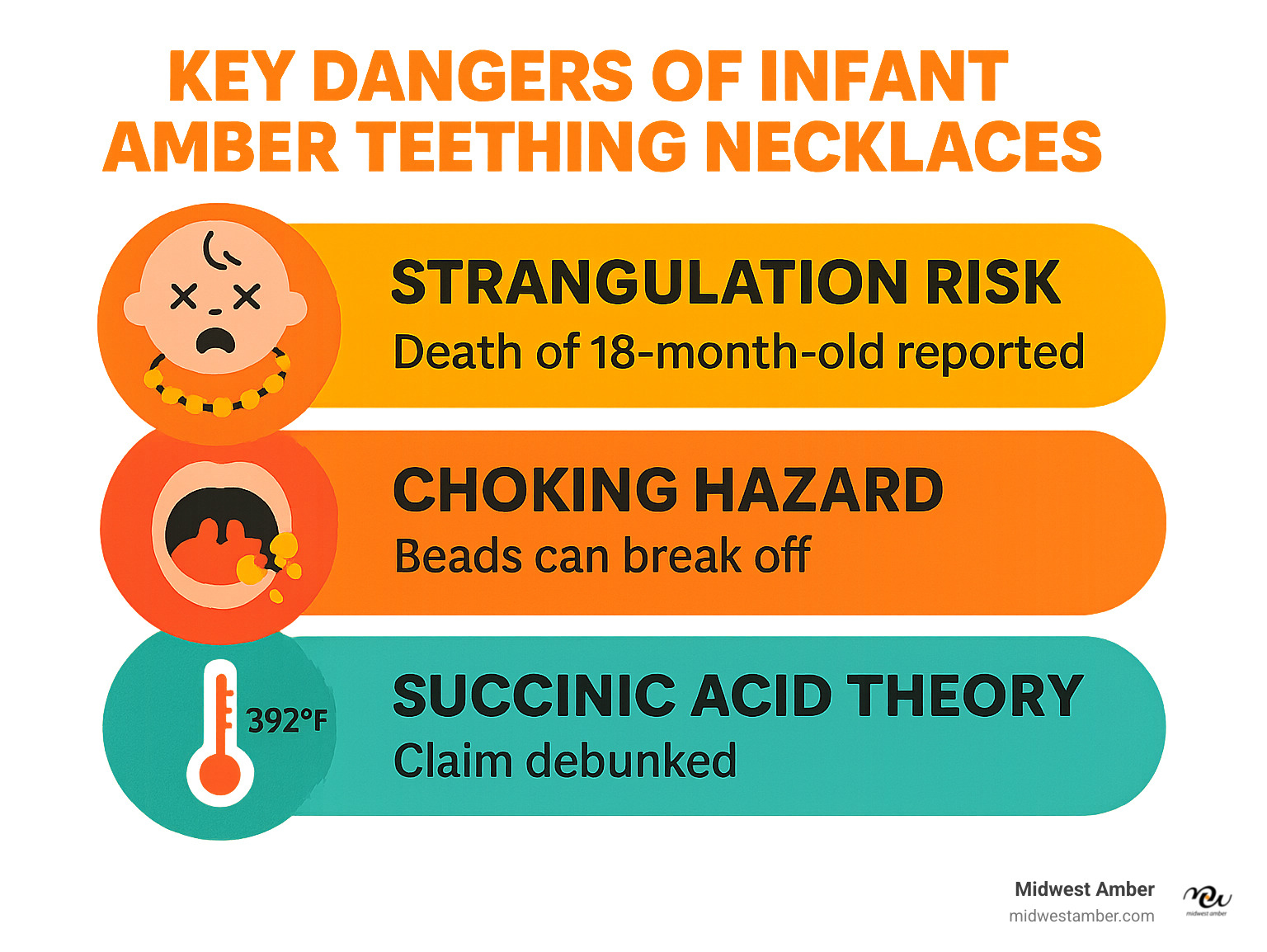 Infographic showing three main dangers of amber teething necklaces: strangulation risk with 18-month-old death statistic, choking hazard from broken beads, and debunked succinic acid theory requiring 392°F temperatures - infant amber teething necklace infographic 