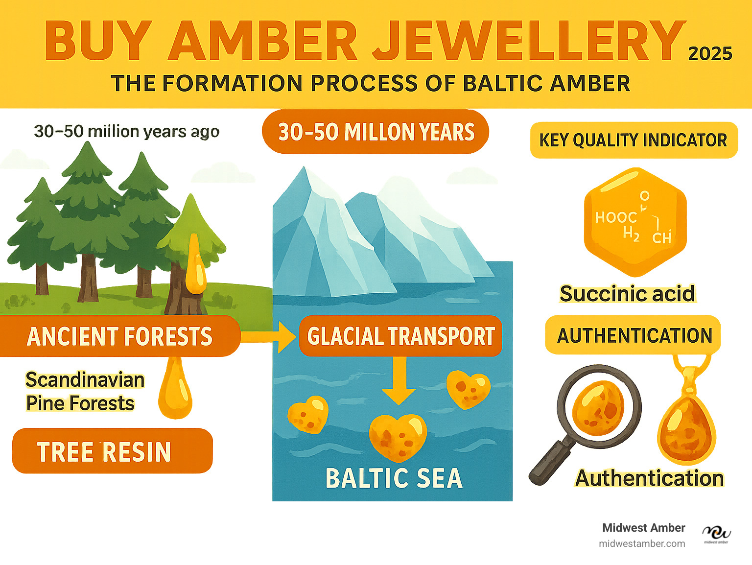 Infographic showing the formation process of Baltic amber from ancient Scandinavian pine forests through glacial transport to the Baltic Sea, including timeline of 30-50 million years, key quality indicators like succinic acid content, and authentication methods for genuine Baltic amber jewelry - buy amber jewellery infographic 
