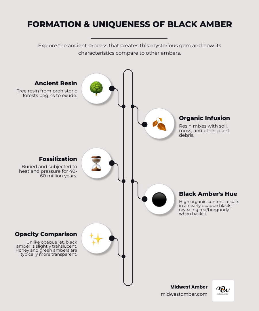 Infographic showing black amber formation process with tree resin mixing with soil and debris over millions of years, comparing opacity levels between black amber, honey amber, and green amber varieties - black amber jewelry infographic infographic-line-5-steps-neat_beige