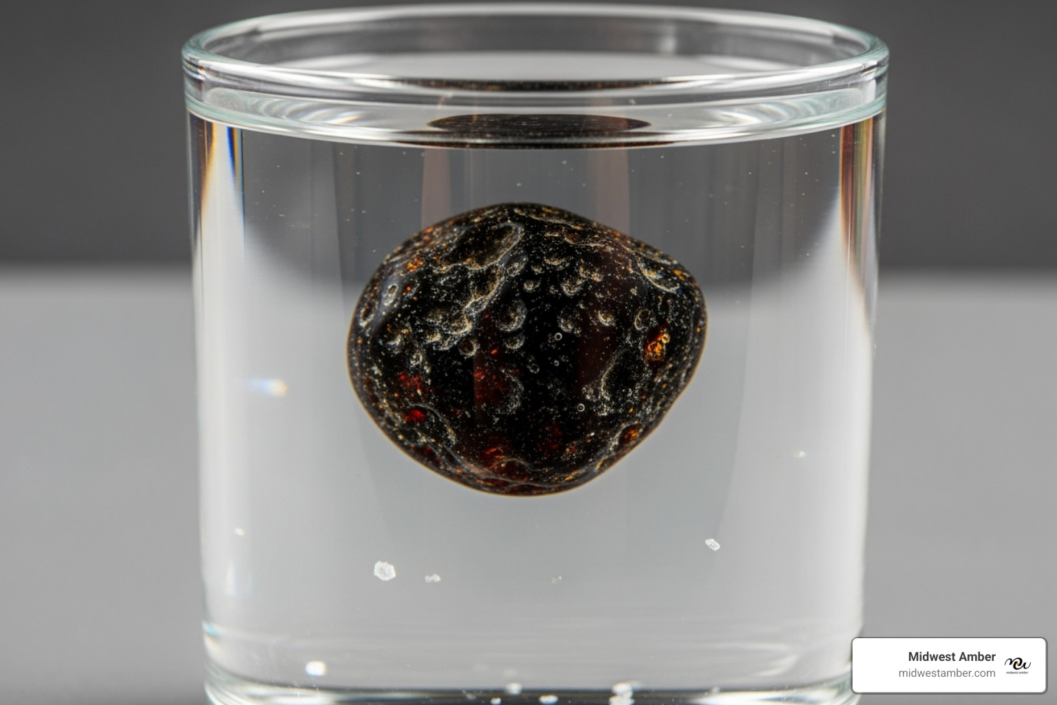 A black amber bead floating in a glass of saltwater to demonstrate an authenticity test - black amber jewelry