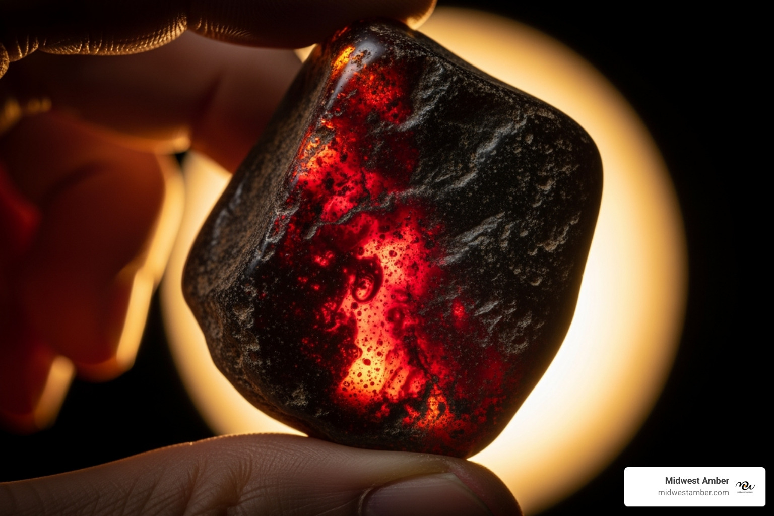 A piece of raw black amber held up to a light source, showing its reddish translucency - black amber jewelry