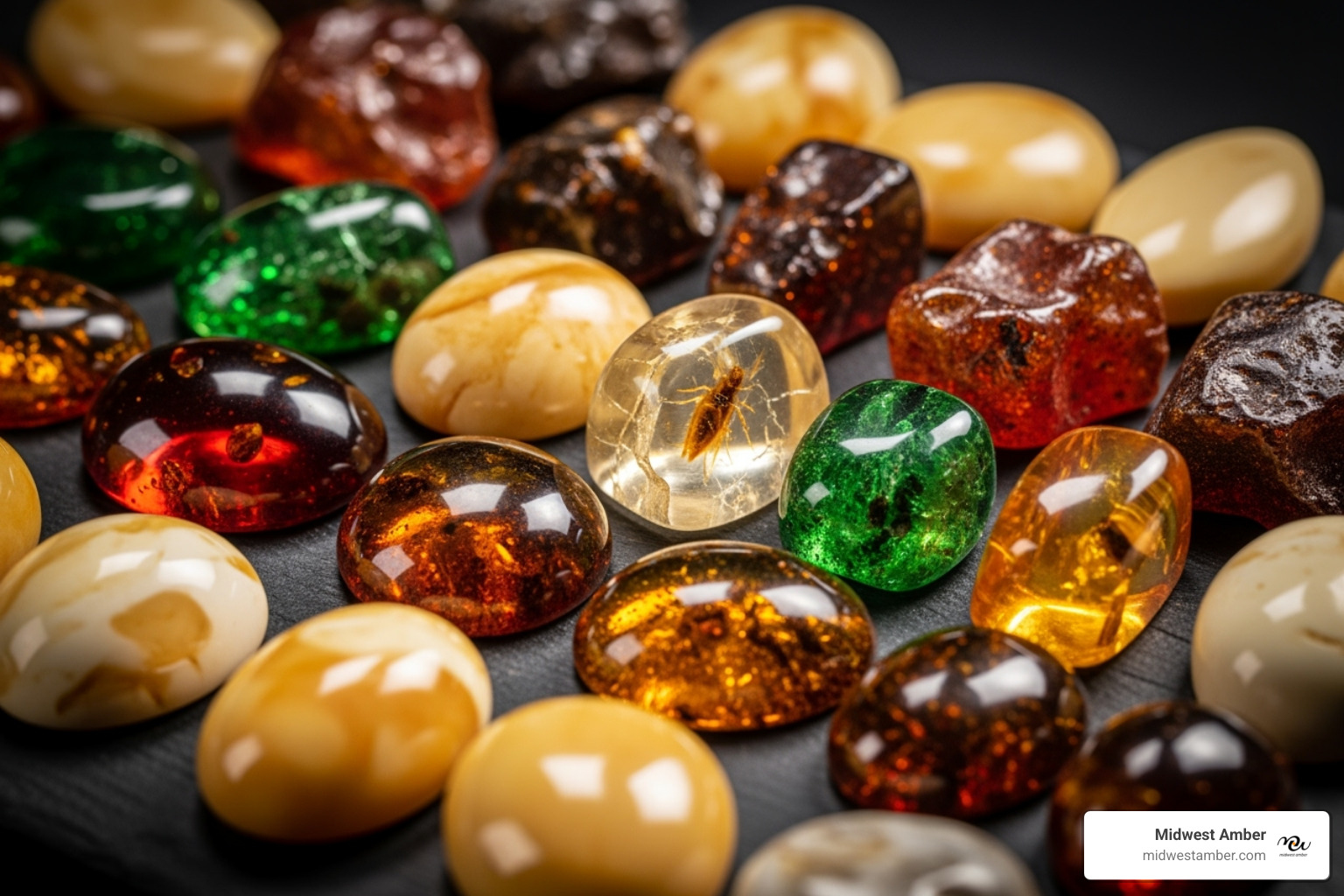 A collection of amber pieces showcasing the different colors like green, cognac, and butterscotch. - Amber Jewelry