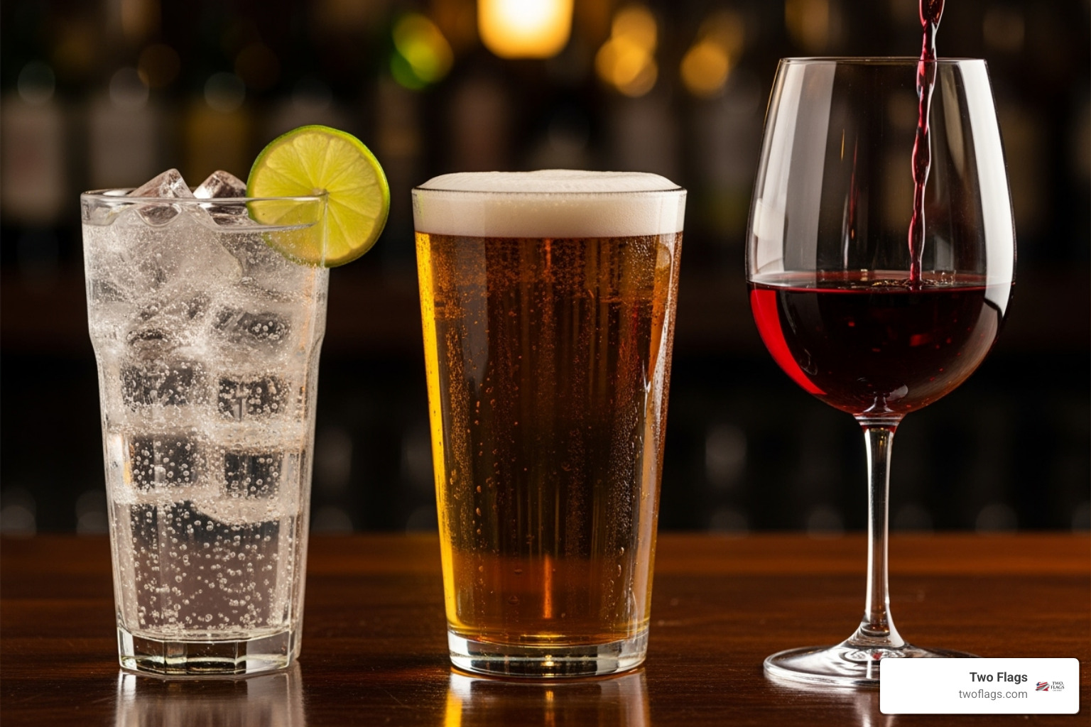 three glasses side-by-side: a Two Flags One Spirit vodka soda, a glass of beer, and a glass of wine - does vodka have calories