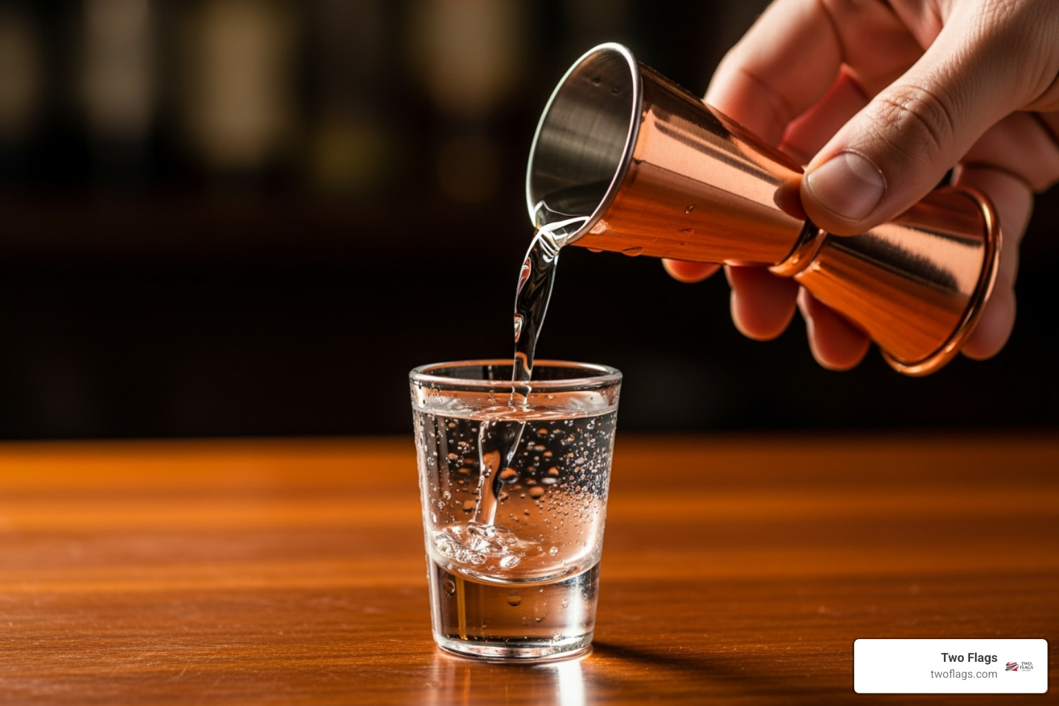 jigger pouring clear Two Flags One Spirit vodka into a shot glass - does vodka have calories