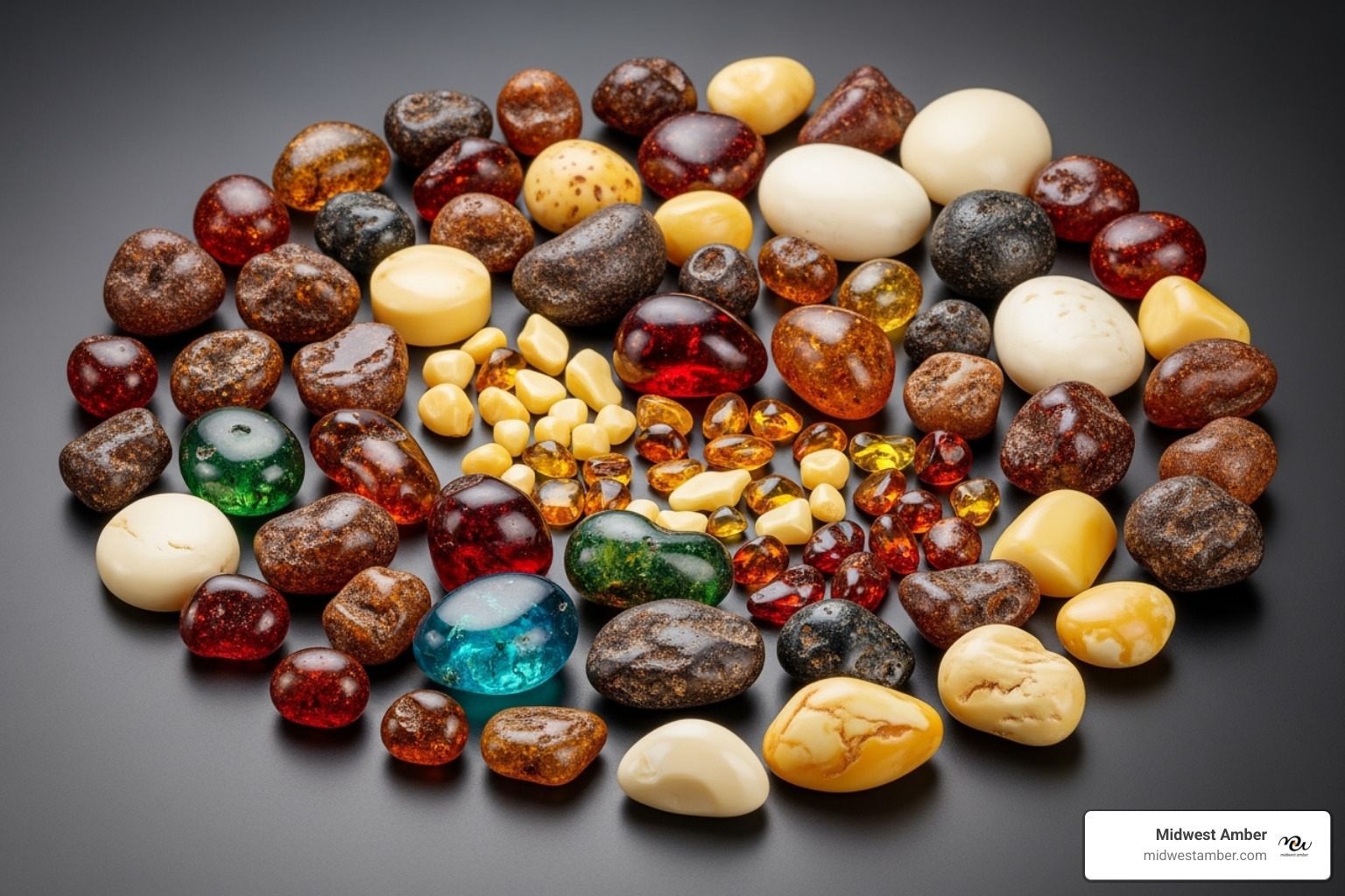 Various natural amber gemstone colors laid out, from translucent honey and deep cognac to rare green, blue, and opaque white - natural amber gemstone