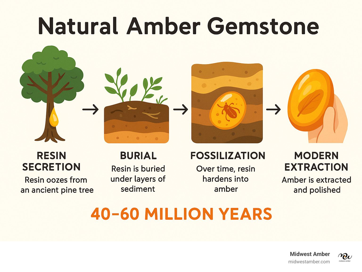 Infographic showing the change of ancient pine tree resin into polished natural amber gemstone over 40-60 million years, including stages of resin secretion, burial, fossilization, and modern extraction - natural amber gemstone infographic 