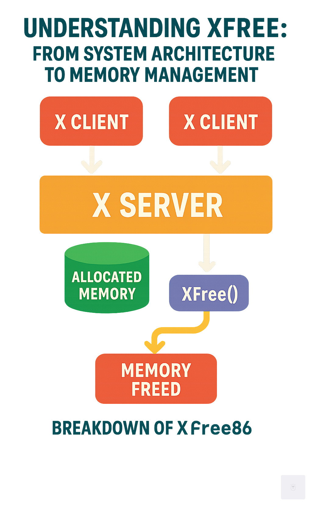 Detailed breakdown of XFree components showing XFree86 system architecture with X server, X clients, and the XFree() memory management function workflow - xfree infographic 