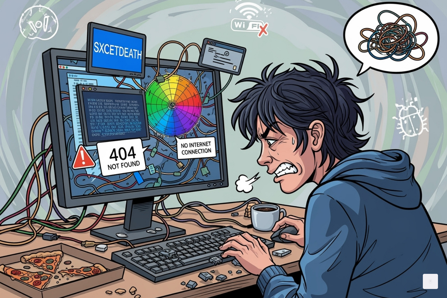 A stylized image showing common tech support issues with a person looking frustrated at a computer screen - r6 marketplace