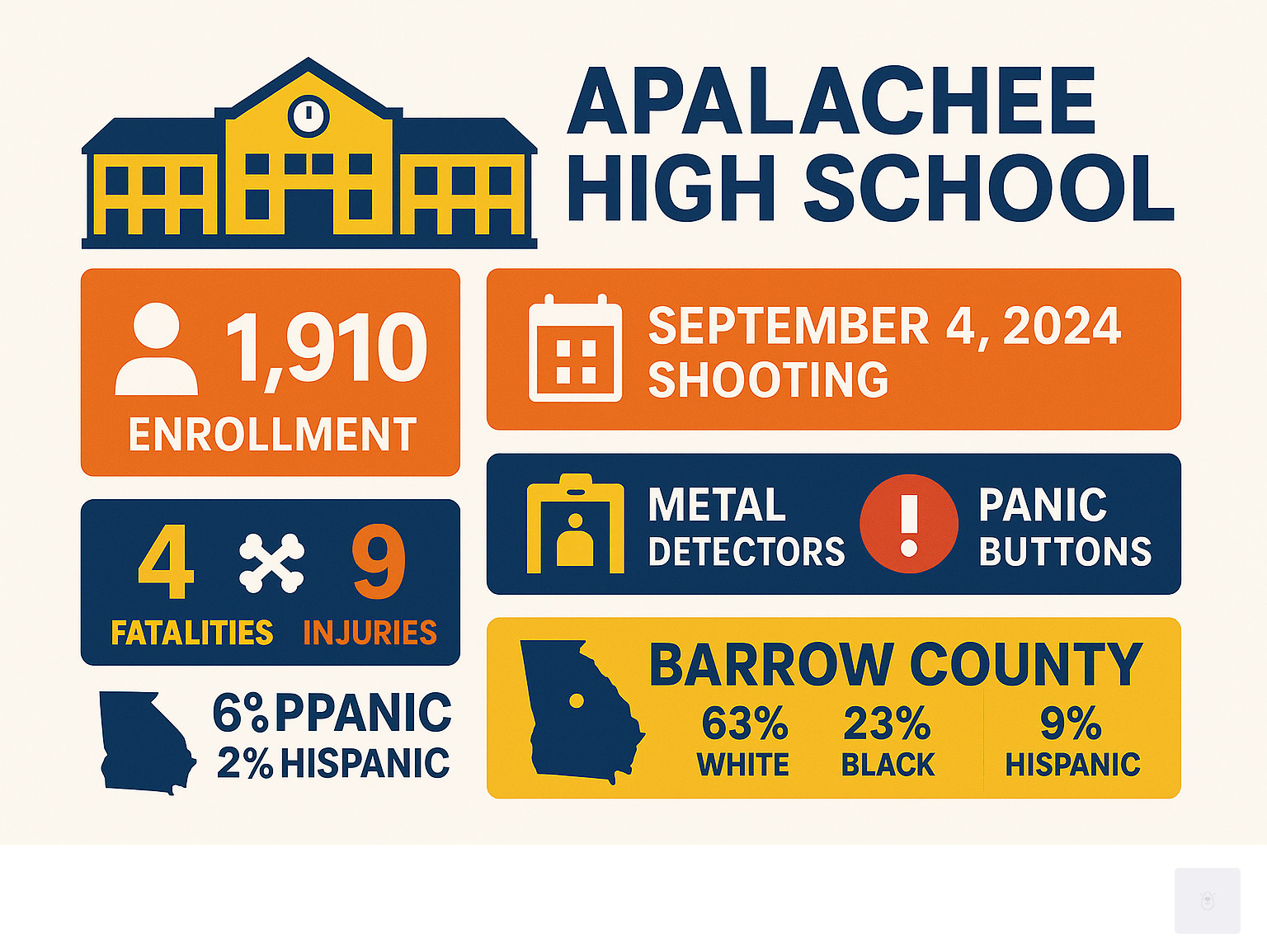 Comprehensive infographic showing Apalachee High School statistics including enrollment of 1,910 students, September 4 2024 shooting timeline, 4 fatalities and 9 injuries, safety measures implemented including metal detectors and panic buttons, and key demographic information about the Barrow County school - apalachee high school infographic 
