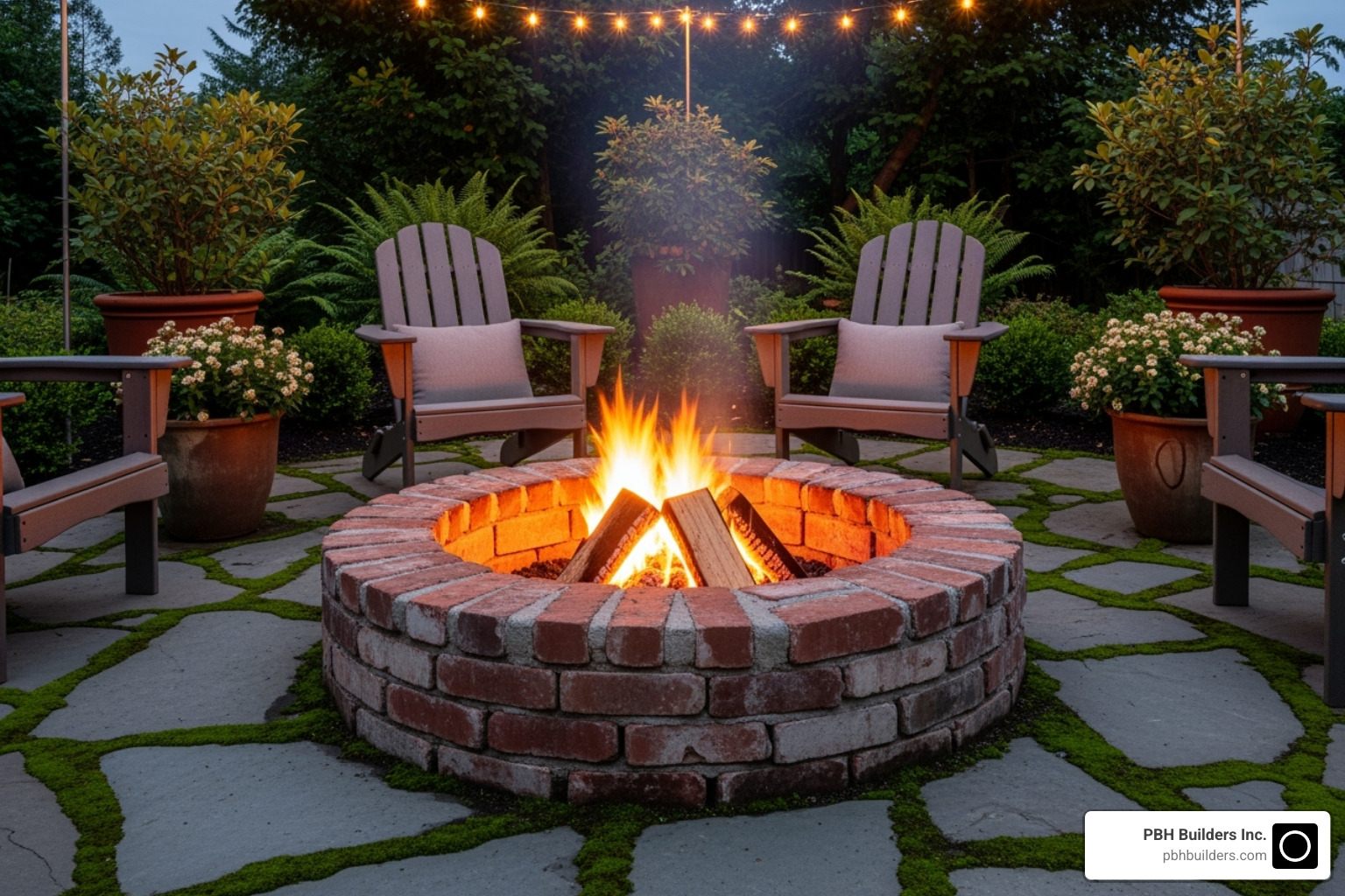 traditional round red brick fire pit on a patio - hardscape fire pit