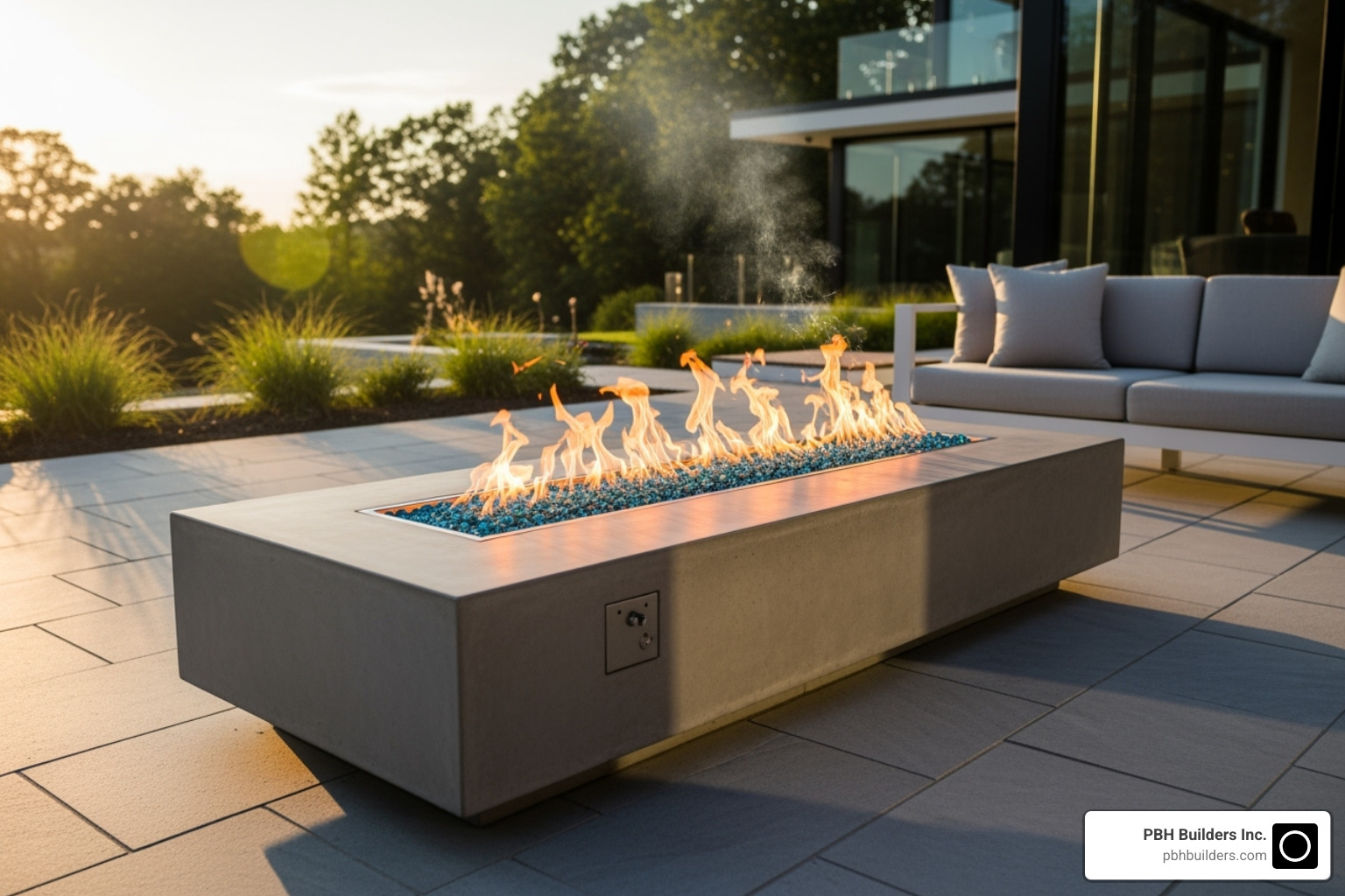 rectangular concrete fire pit with blue fire glass - hardscape fire pit