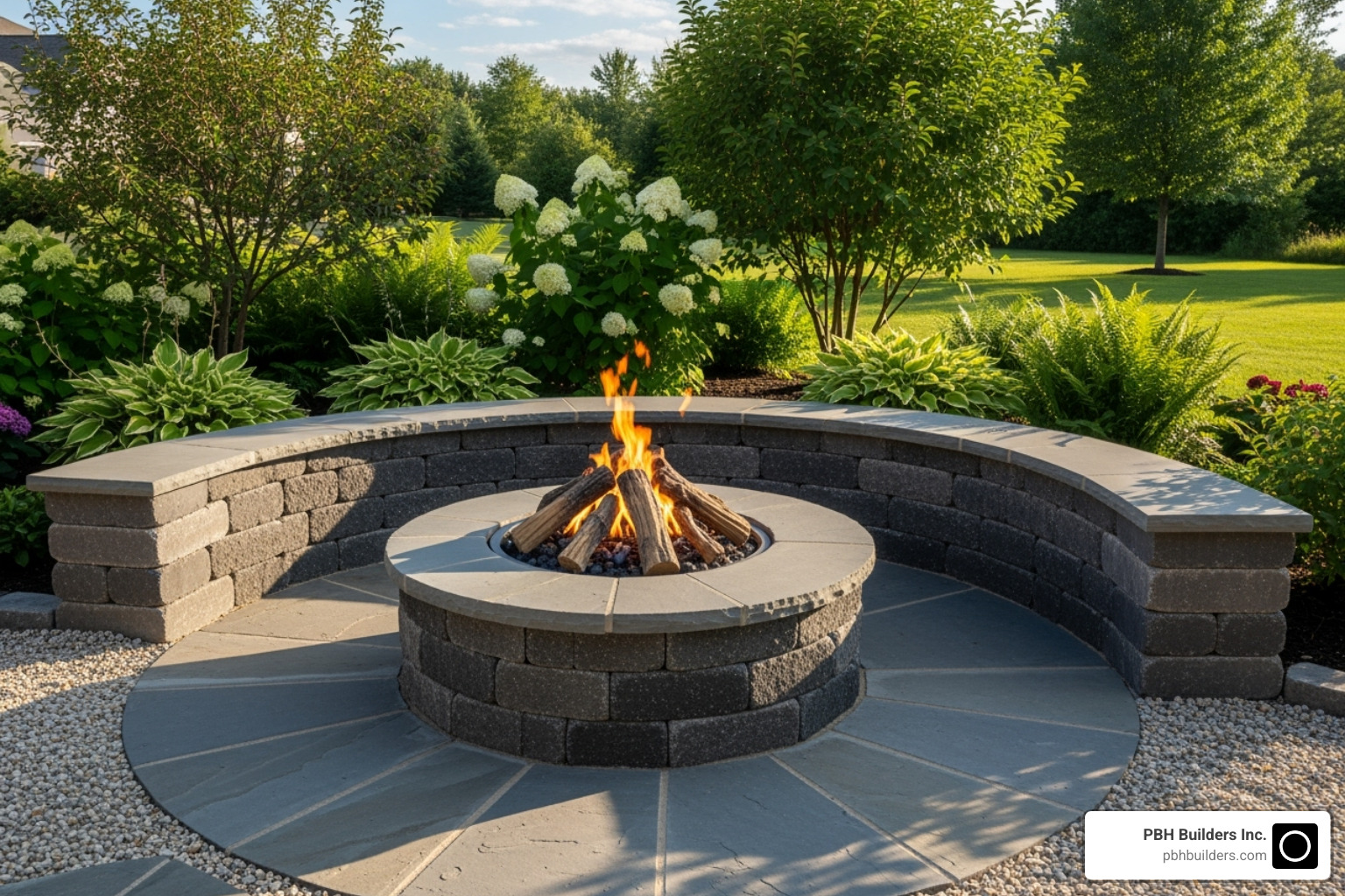 fire pit with built-in curved stone seating wall - hardscape fire pit