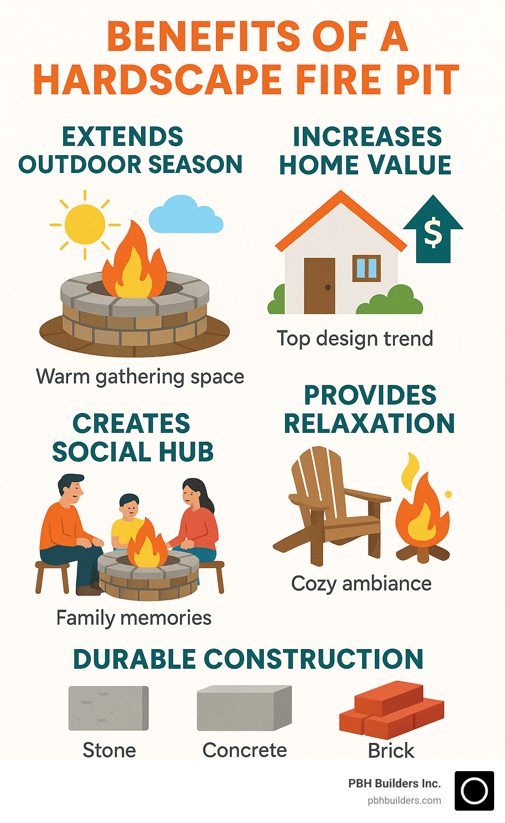 Infographic showing hardscape fire pit benefits: extends outdoor season with warm gathering space, increases home value as top design trend, creates social hub for family memories, provides relaxation point with cozy ambiance, and offers durable construction with stone concrete and brick materials - hardscape fire pit infographic 