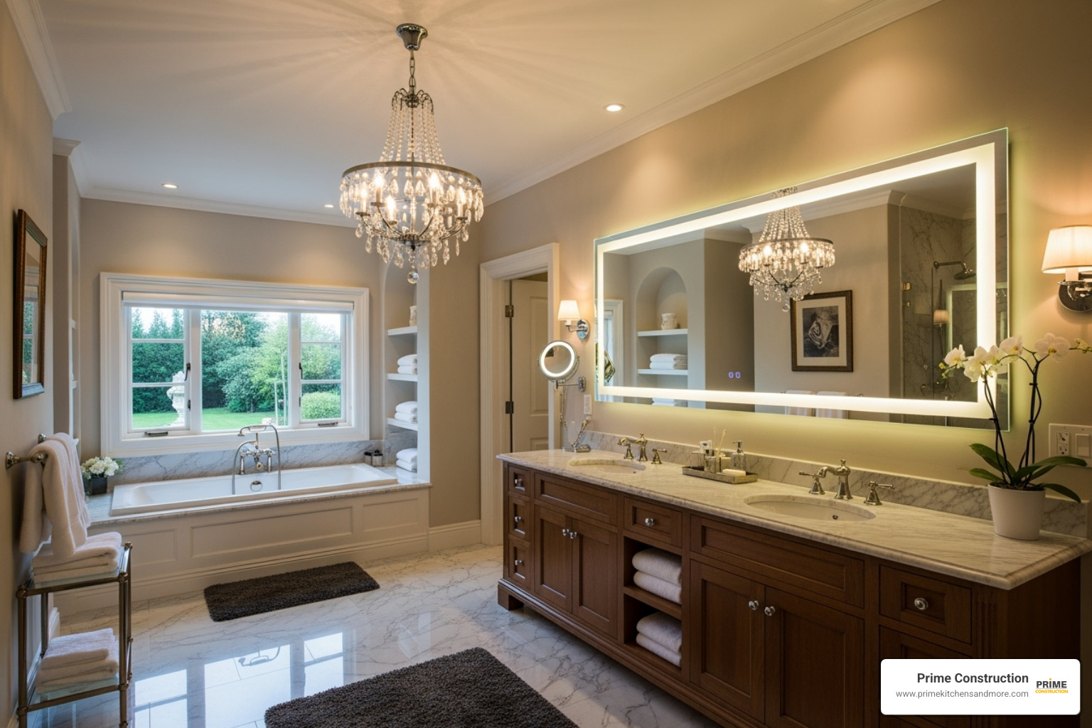 bathroom with layered lighting, including a statement chandelier and backlit mirror - luxury master bath
