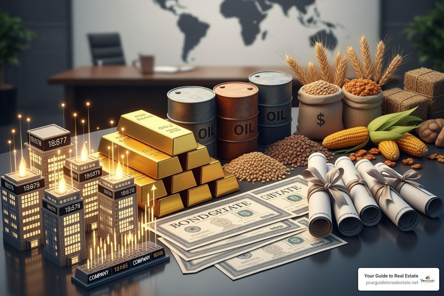 Image illustrating the different asset classes covered by ETFs like stocks, bonds, and commodities, with labels for each category - fintechzoom.com etf market