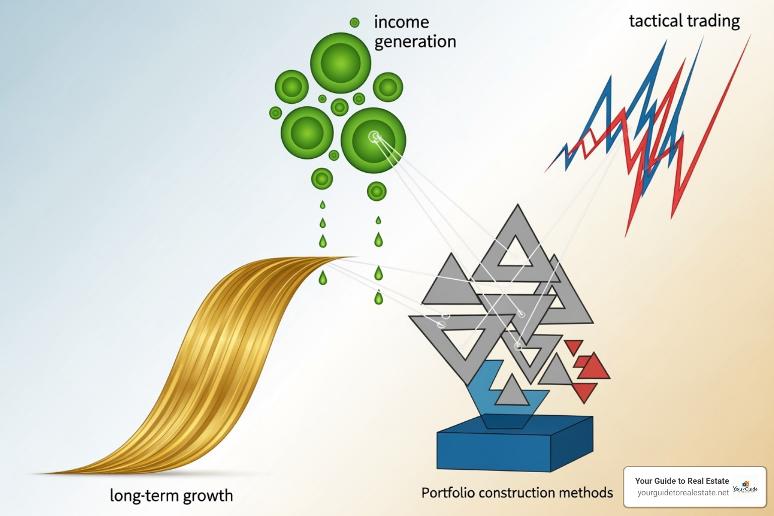 Flowchart illustrating different ETF investment strategies such as long-term growth, income generation, and tactical trading, with arrows connecting them to different portfolio building approaches - fintechzoom.com etf market